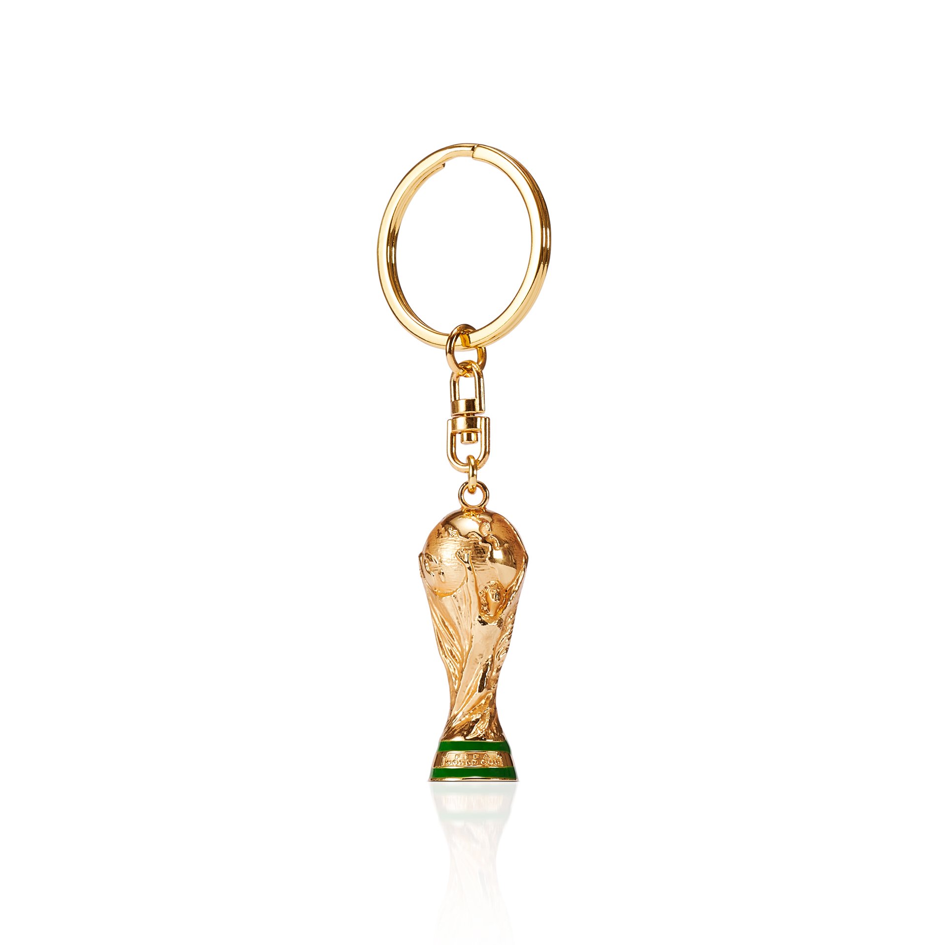 Gold keychain with a pendant of the FIFA World Cup trophy.