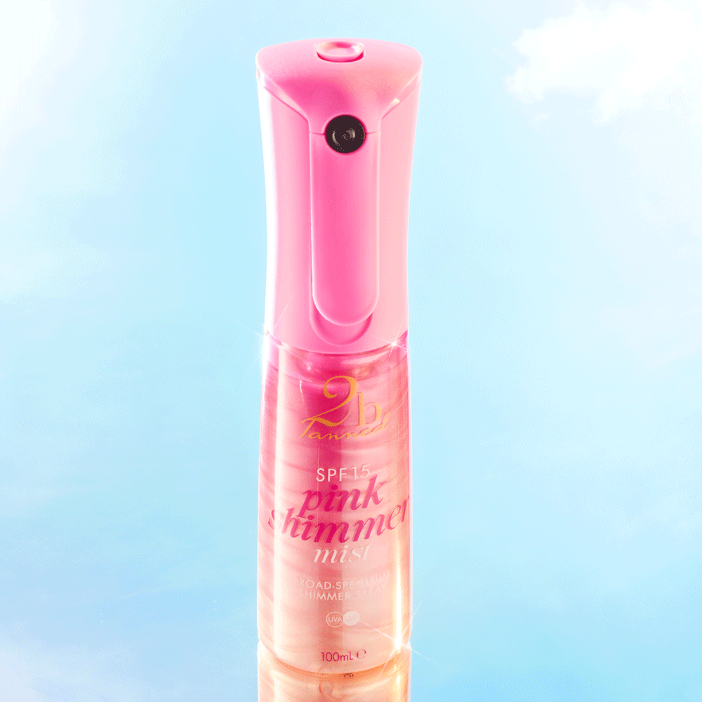 Pink shimmer product on a blue sky backdrop.