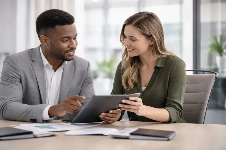 A man and woman sitting at a desk in a bright office, looking at a tablet device and smiling.