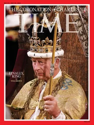 TIME magazine cover featuring a photo of King Charles III wearing a crown and royal robes, holding a scepter, with a serious expression.
