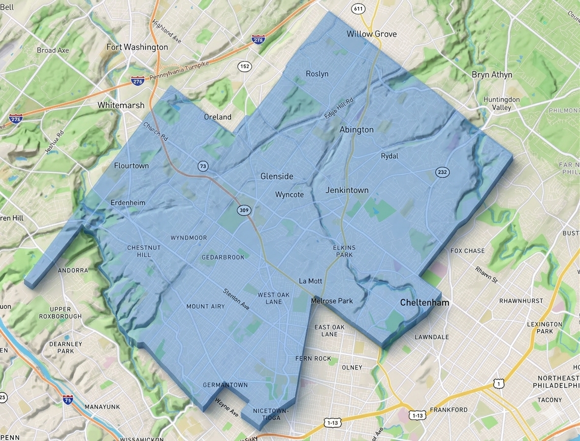 Map of a city with a shaded blue area outlining neighborhoods including Cheltenham, Chestnut Hill, Erdenheim, Flourtown, and others.