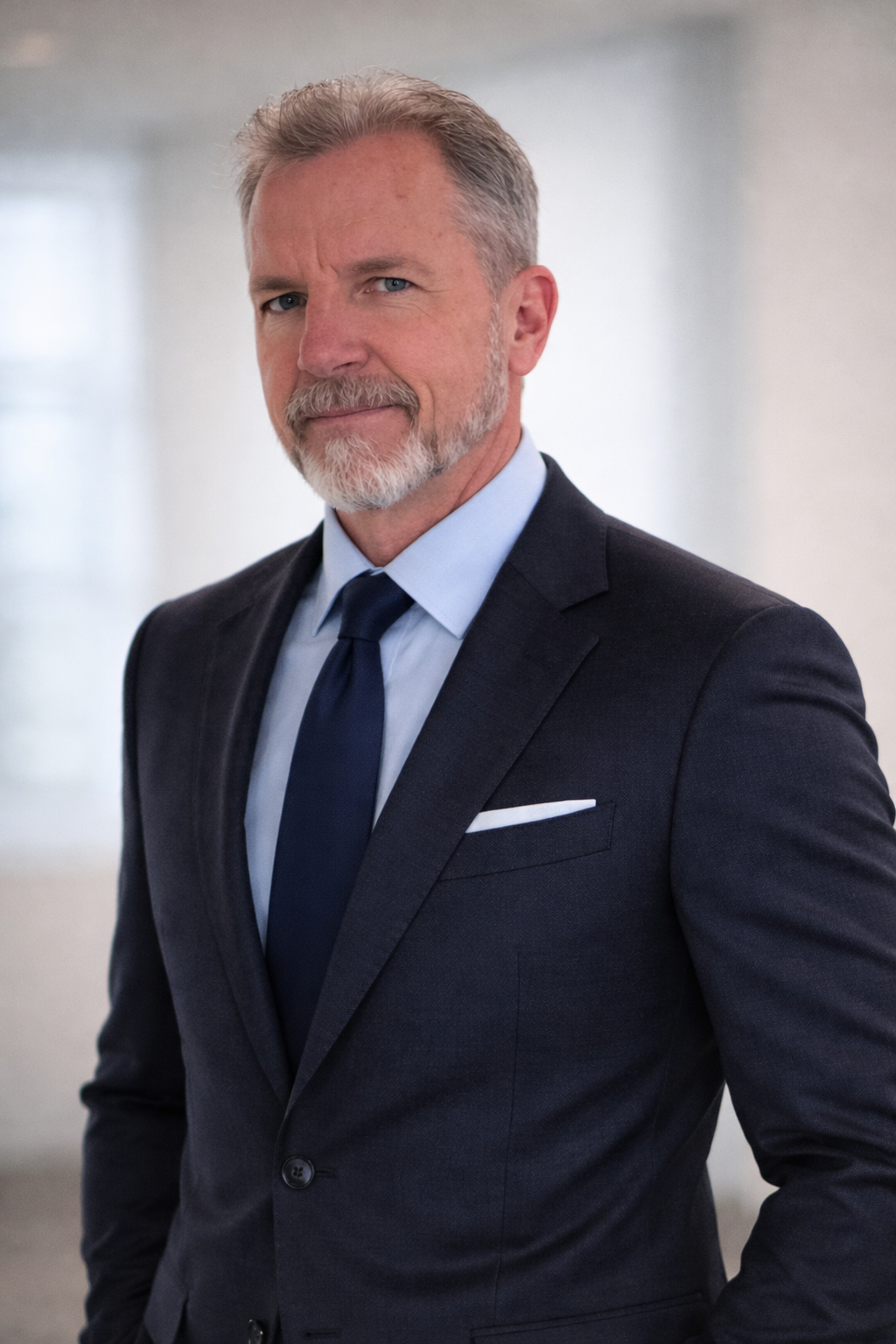 A middle-aged man with light gray hair and a beard, wearing a dark suit, light blue shirt, and navy tie, standing in a professional setting with a neutral, softly blurred background.