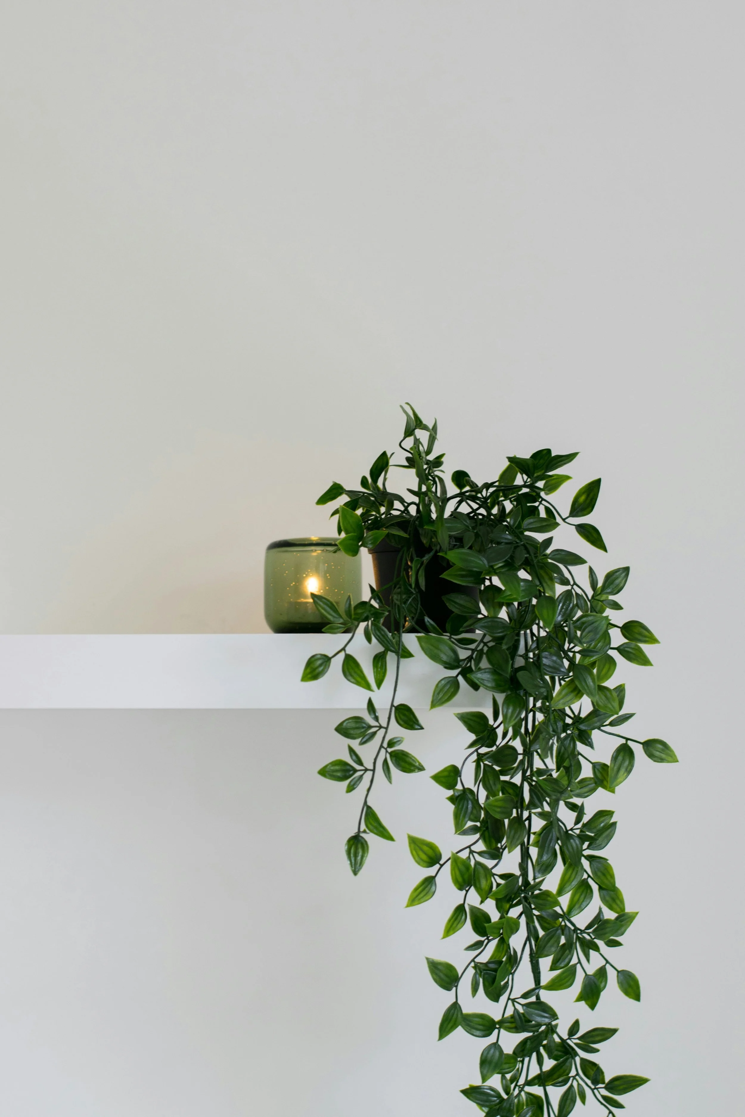 A green flower pot with a small green plant and a candle holder with a lit candle on a white shelf against a plain white wall.