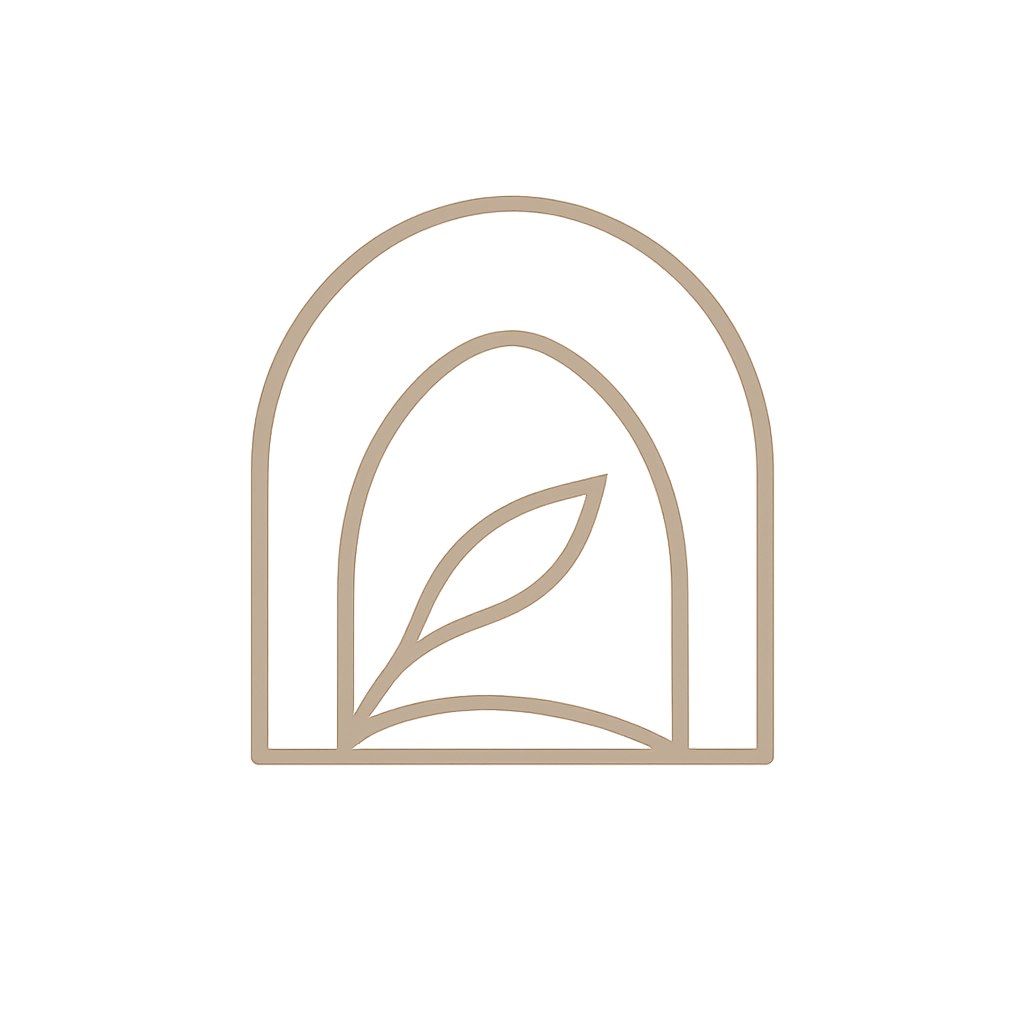 A minimalist logo with a leaf inside an arched window shape, with the text 'Eco Friendly' below.
