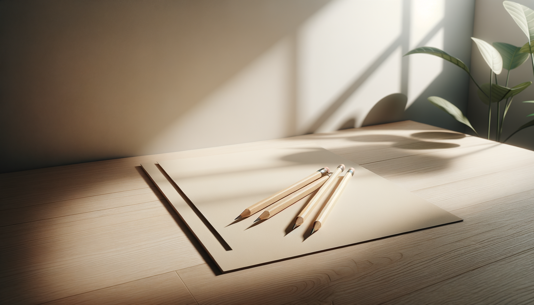 A wooden desk with a blank sheet of paper, four colored pencils, and two ruler strips on top, illuminated by natural sunlight, with a green plant in the background.