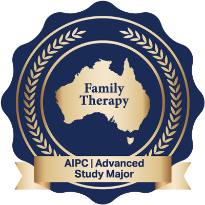 A badge-like emblem with a gold outline, featuring an outline of Australia in gold with the words "Family Therapy" inside. The background is dark blue with laurel wreaths and a gold banner reading "AIPC | Advanced Study Major."