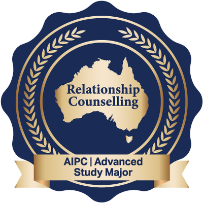 Emblem with a map of Australia and the words 'Relationship Counselling' inside, surrounded by a laurel wreath, with a ribbon at the bottom reading 'AIPC | Advanced Study Major'.
