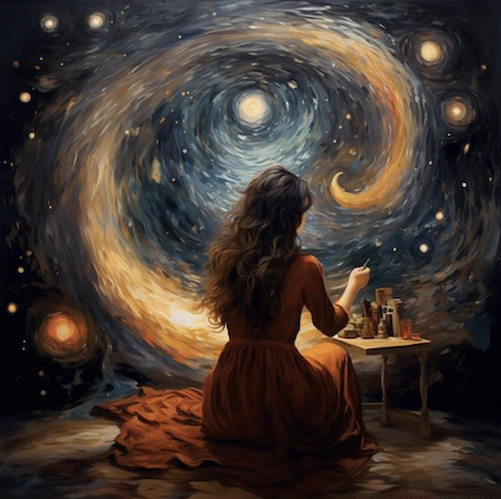 A woman with long wavy hair sitting on a blanket, painting the night sky filled with swirling stars and planets on a canvas in front of her.