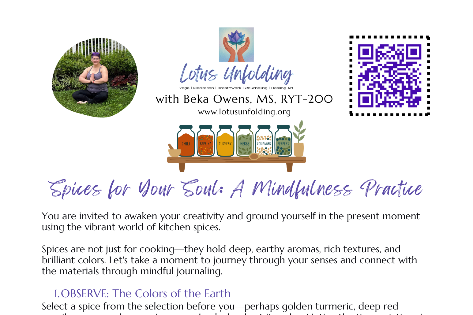A digital flyer for Lotus Unfolding, featuring a photo of a woman meditating outdoors, a logo with hands holding a lotus, and a QR code. The flyer promotes mindfulness through spices and includes jars labeled chili, paprika, turmeric, herbs, coriander, and peppers, along with descriptive text about mindful spice selection and awareness.