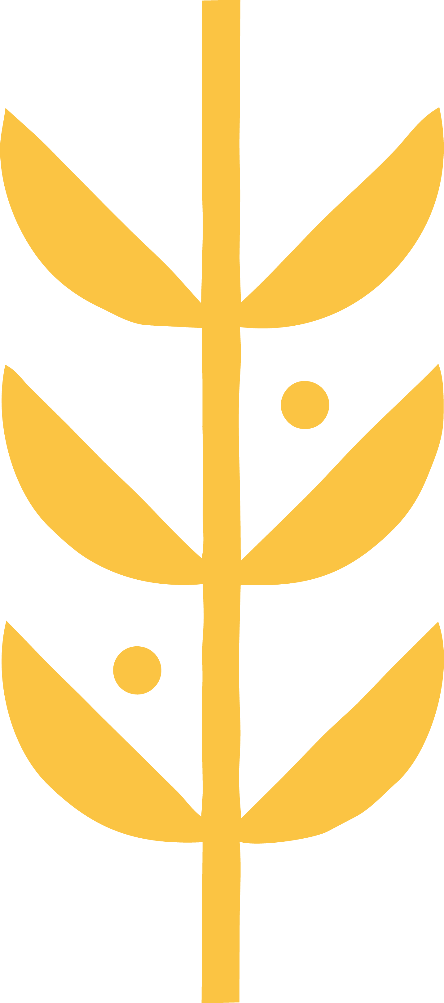 A stylized, minimalist yellow wheat stalk with three leaves on each side and three small circles along the stem, set against a black background.