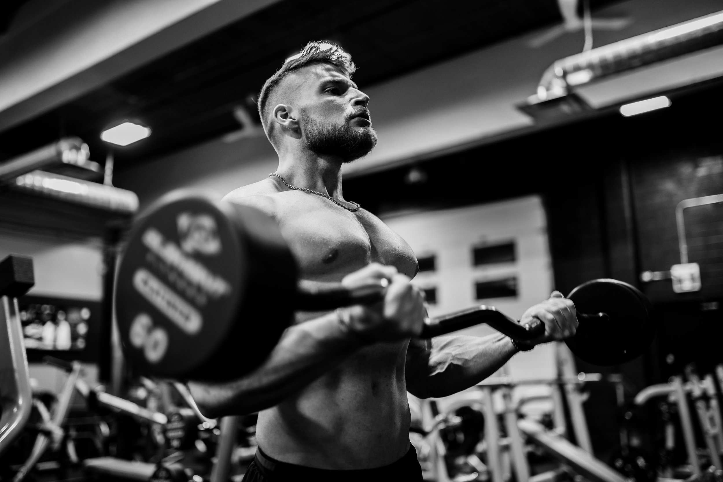 Man performing barbell curls in gym, representing structured training for strength and muscle growth