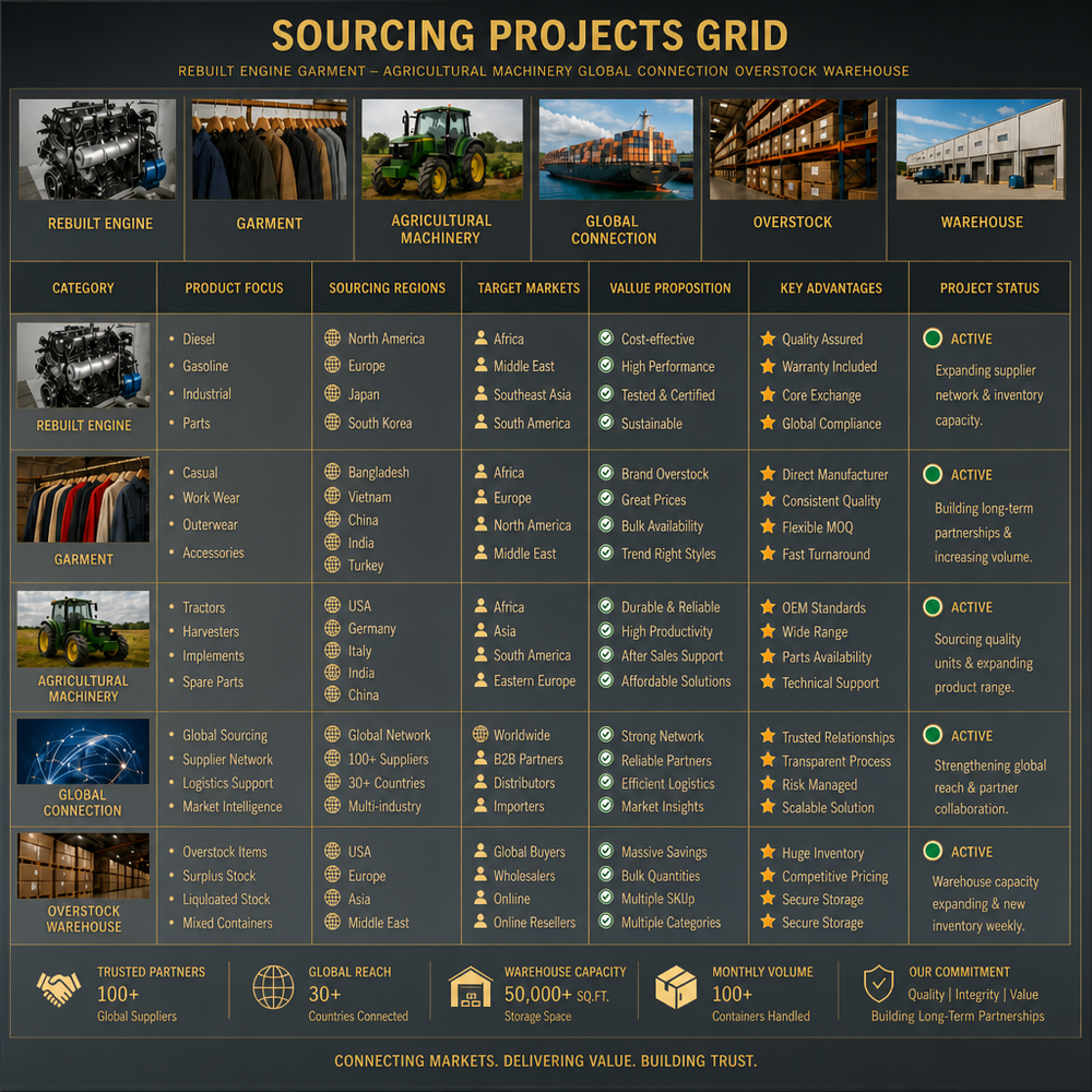 Sourcing Projects Grid poster showing various categories such as rebuilt engine, garment, agricultural machinery, global connection, overstock, and warehouse with details on product focus, sourcing regions, target markets, value proposition, key advantages, and project status.