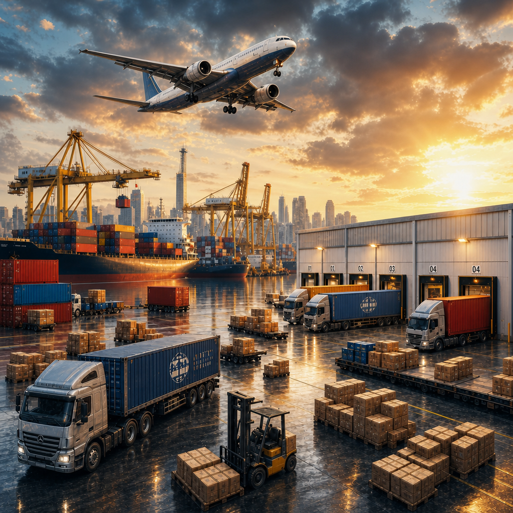 Cargo port with trucks, shipping containers, cranes, and an airplane flying overhead during sunset.