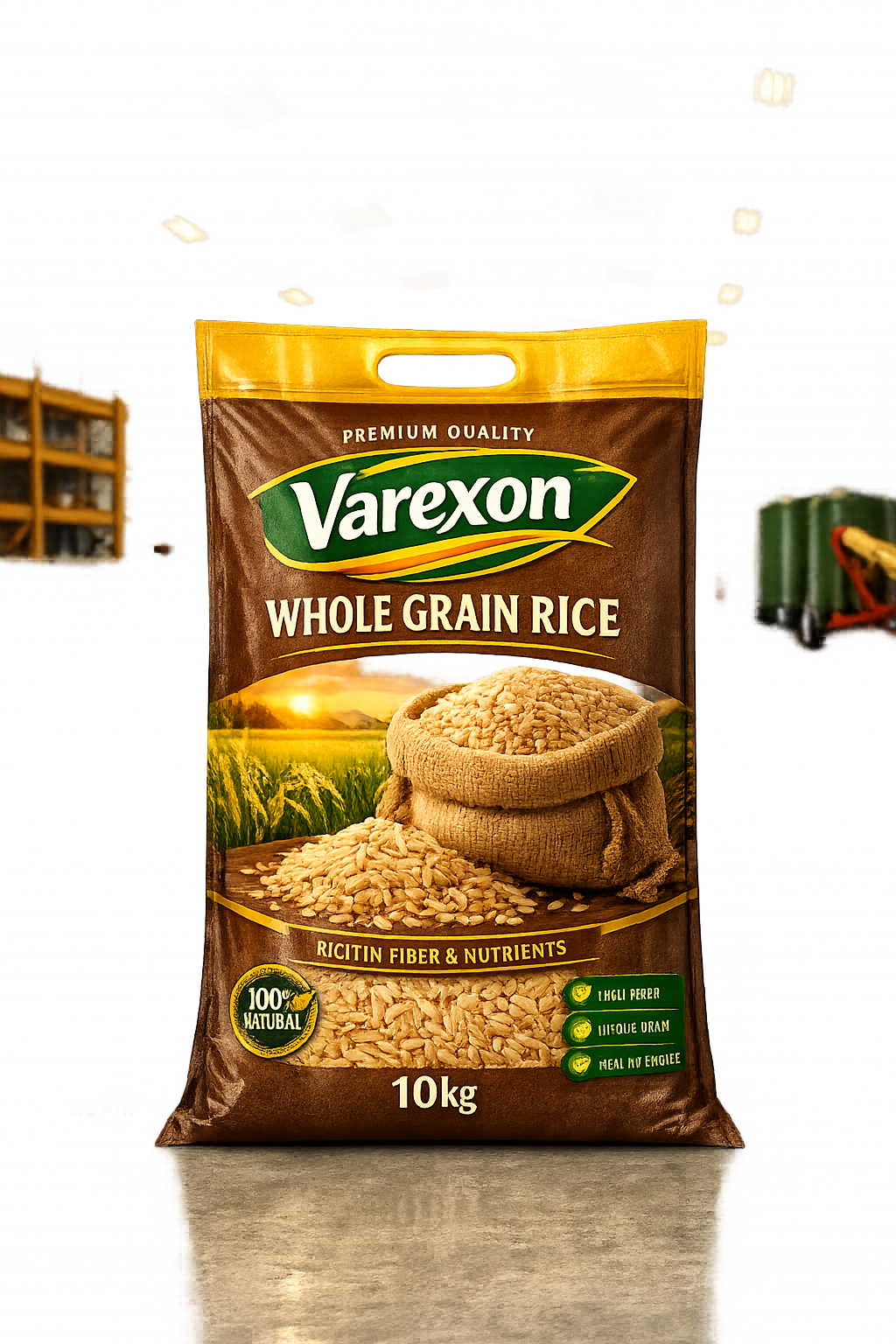 A 10 kg bag of Varexon whole grain rice, with a picture of rice grains spilling from a burlap sack, set against a rural landscape background.