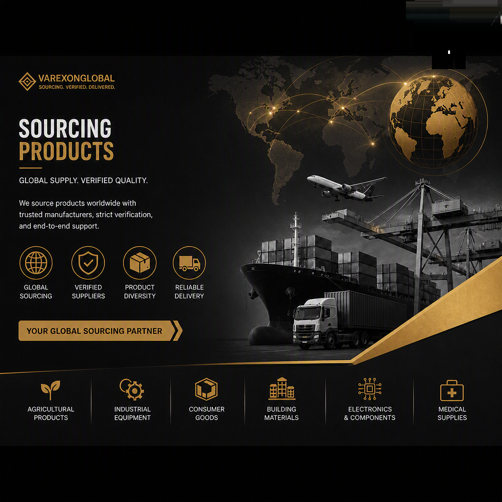 An advertisement for a global sourcing company called VAREXONGLOBAL, showing a world map with connected points, an airplane, a cargo ship, and a truck. The text highlights global supply, verified quality, trusted manufacturers, strict verification, and end-to-end support, with icons for global sourcing, verified suppliers, product diversity, and reliable delivery. Additional icons at the bottom represent agricultural products, industrial equipment, consumer goods, building materials, electronics, and medical supplies.