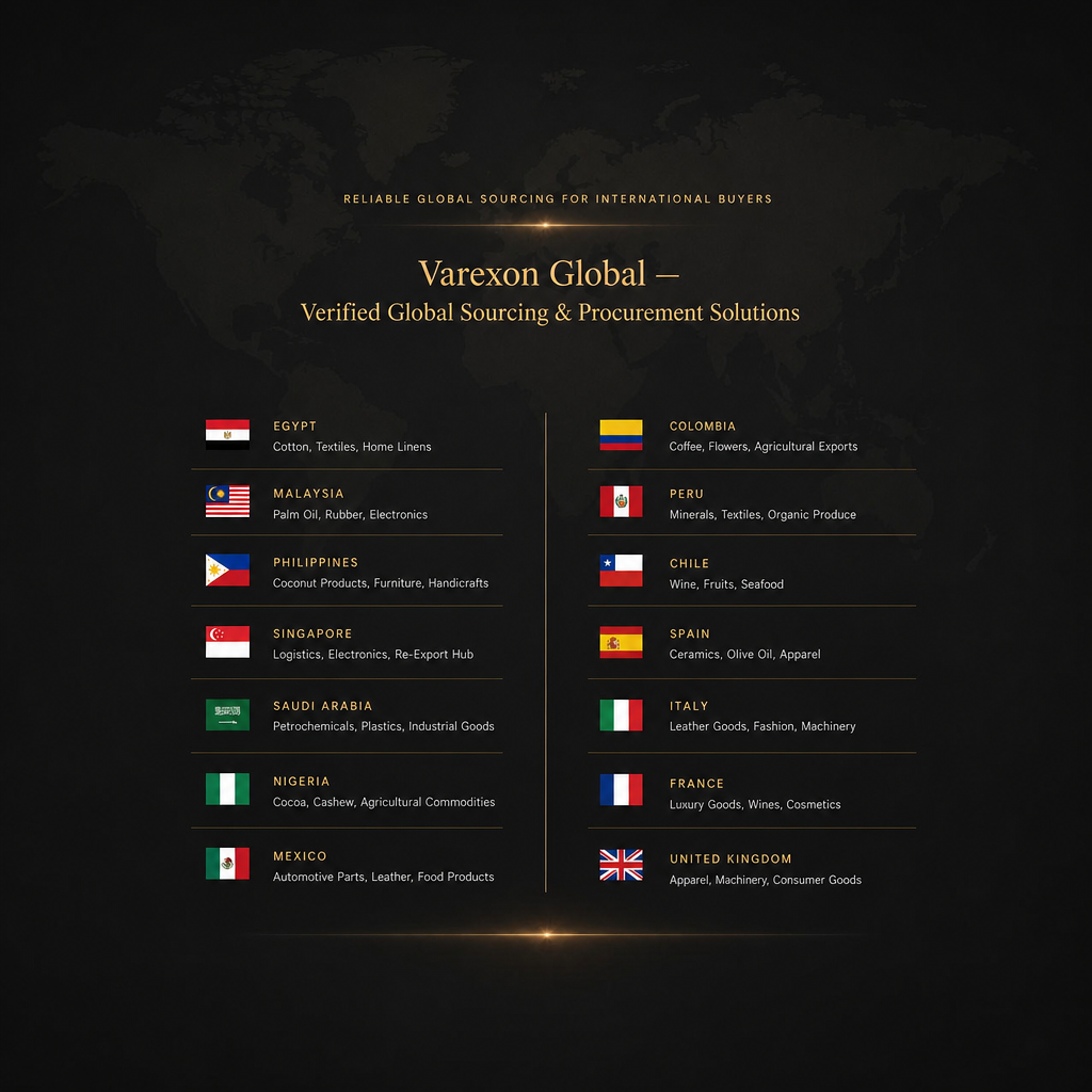 Image showing a world map background with text and flags indicating global sourcing and procurement solutions for various countries, including Egypt, Malaysia, Philippines, Singapore, Saudi Arabia, Nigeria, Mexico, Colombia, Peru, Chile, Spain, Italy, France, and the United Kingdom, along with their respective sourced products.