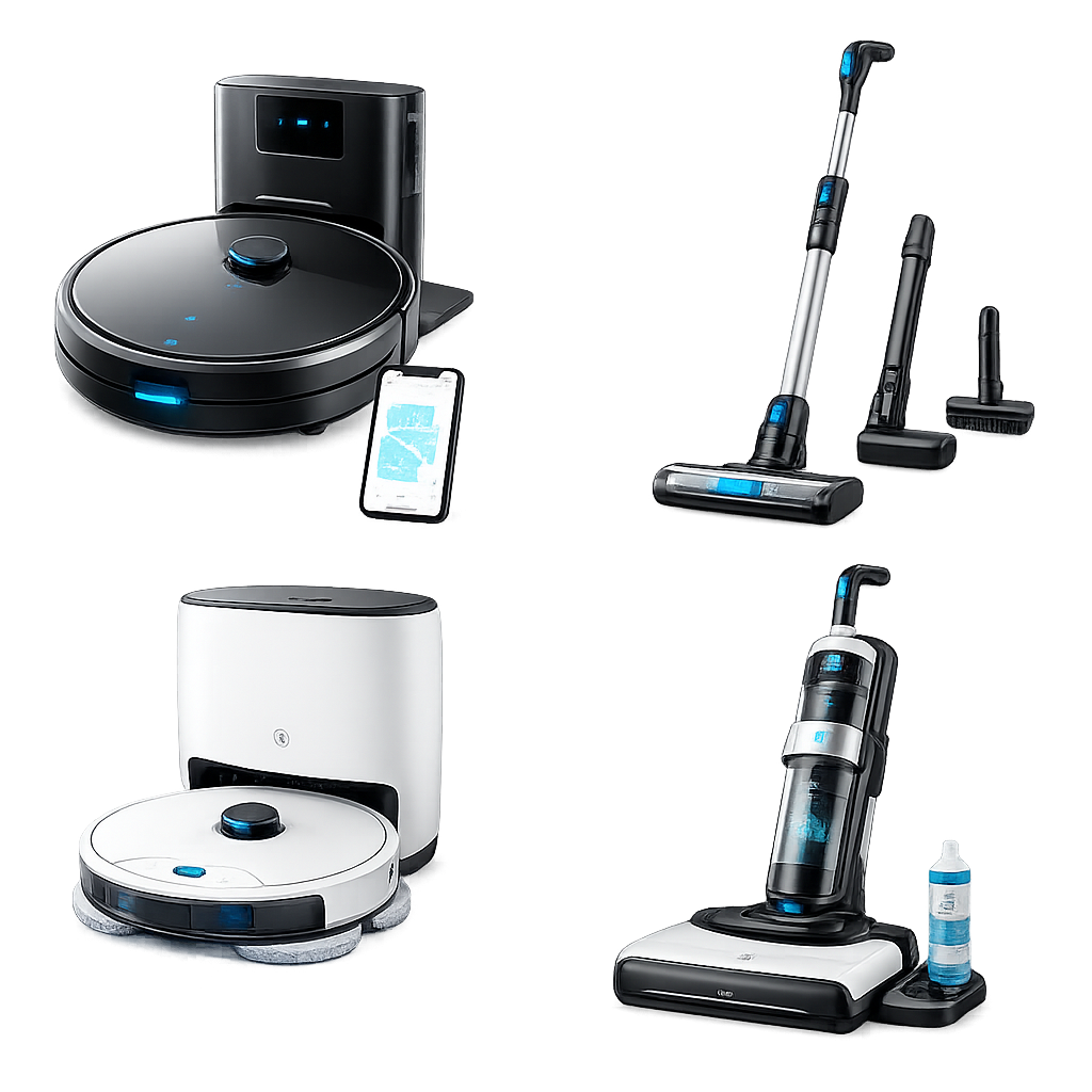 Comparison of robot vacuum cleaners with charging stations, some featuring mops and smart technology, set against a split grayscale background.