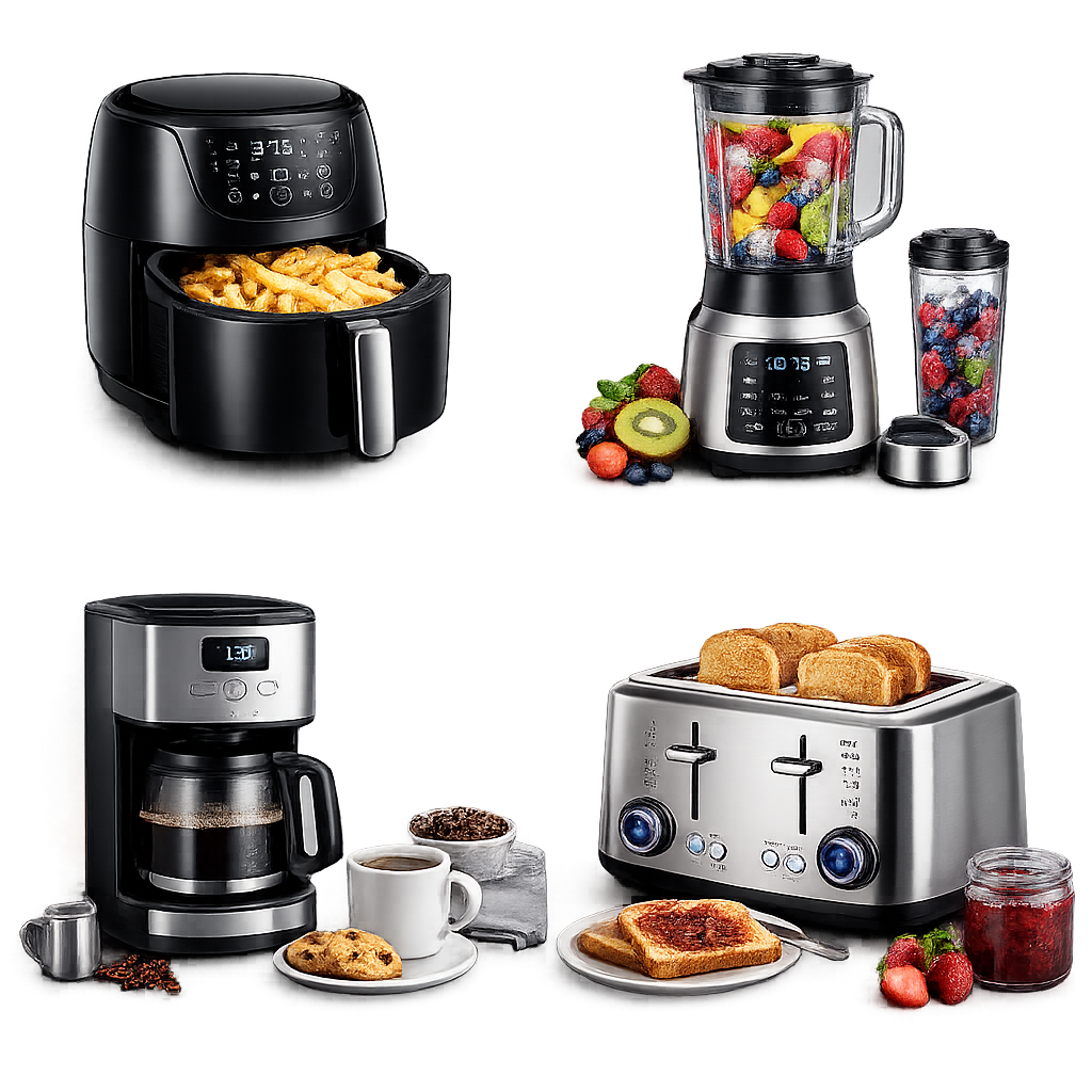 A collection of kitchen appliances including an air fryer with fried food, a blender with fruits and berries, a coffee maker with a cup and cookie, a toaster with toast, and jars of jam and fresh berries.
