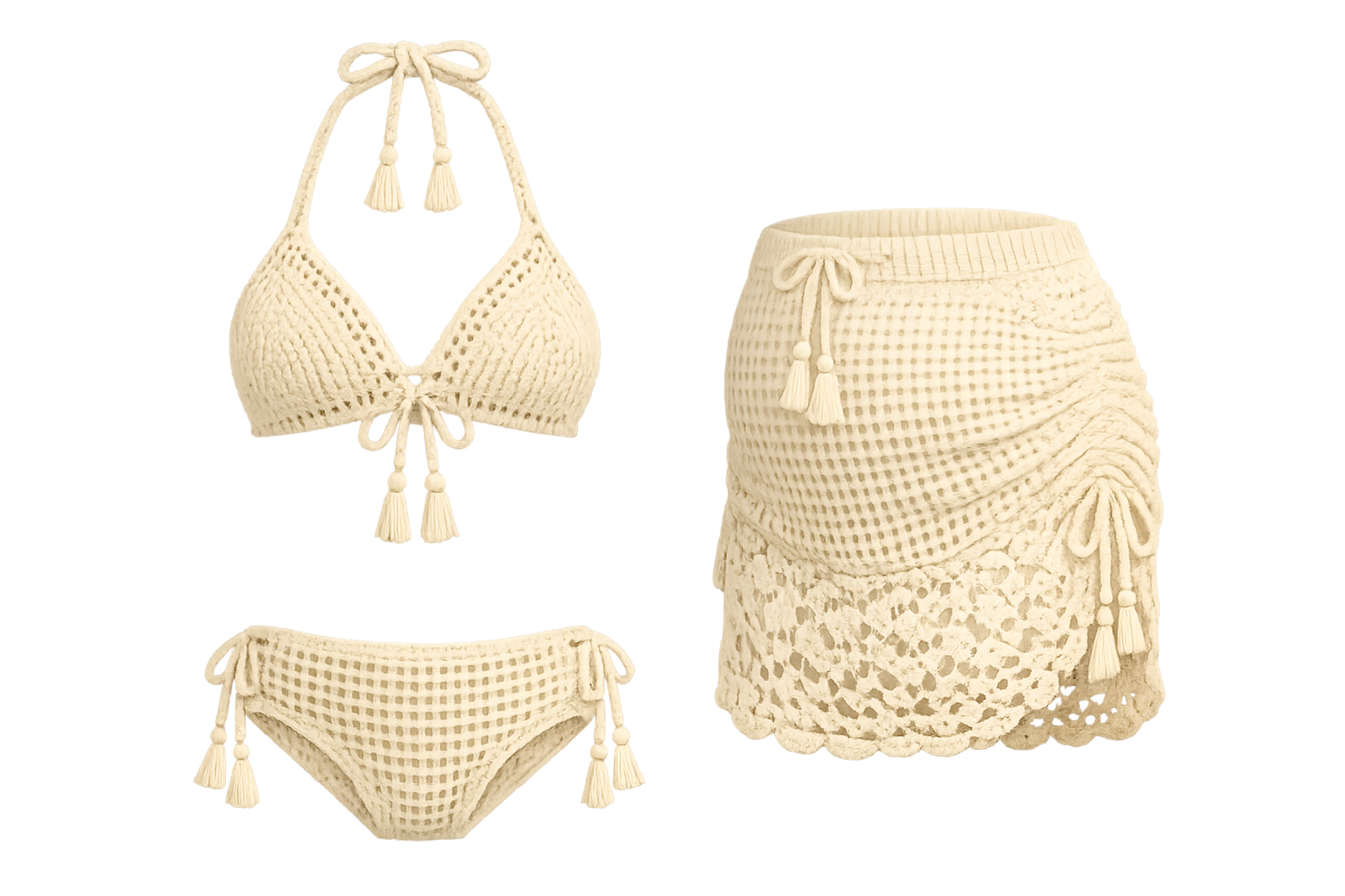Three beige crochet clothing items: a bikini top with tassels, a bikini bottom with tassels, and a skirt with tassels.