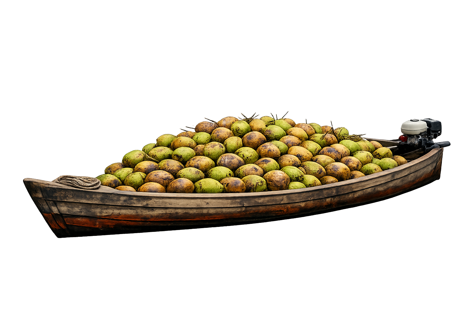 A boat filled with green and brown nuts on a black background.