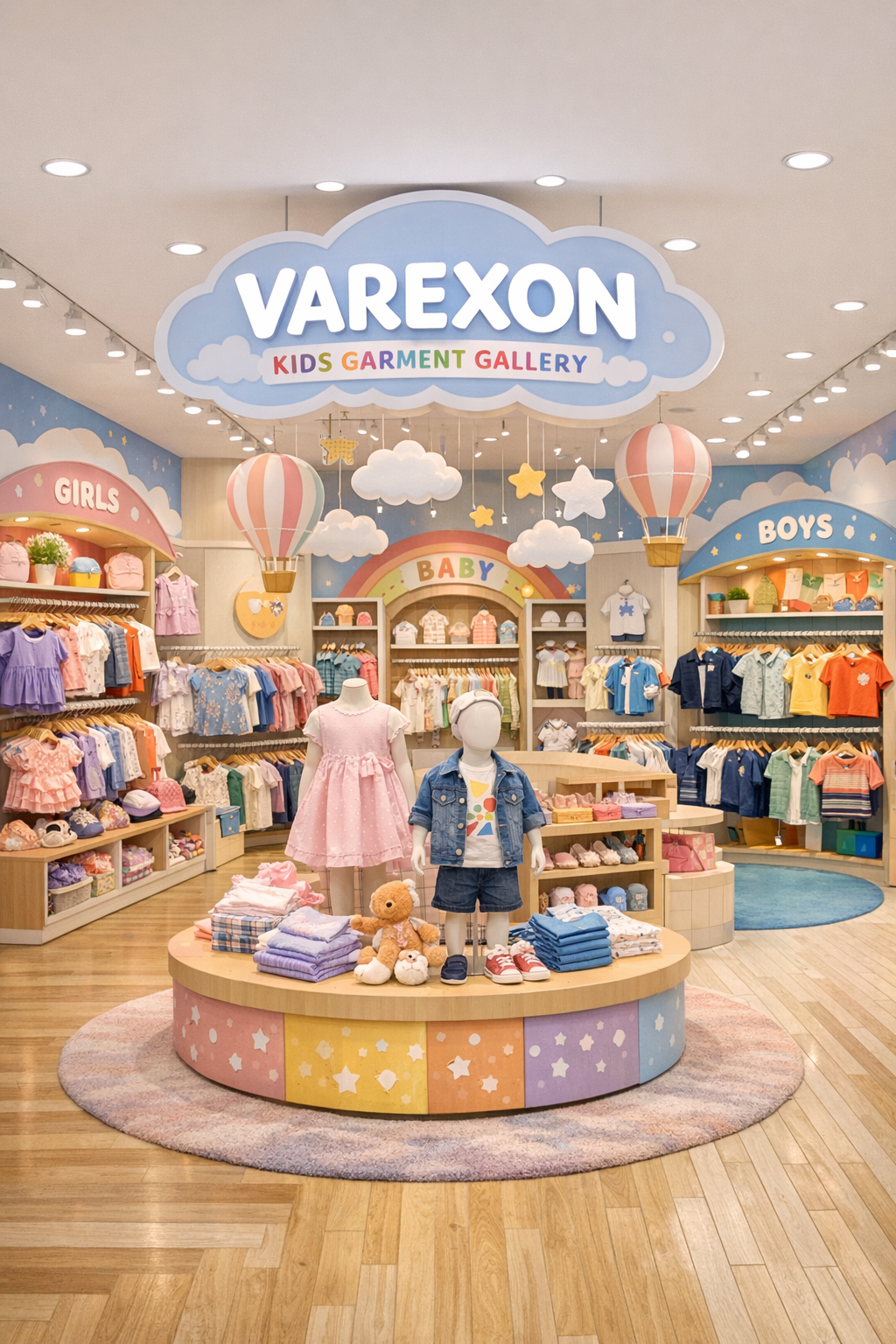 Children's clothing store with a pastel-colored display area, mannequins dressed in kids' outfits, and shelves filled with clothing for girls and boys. The store has whimsical clouds, stars, and hot air balloon decorations hanging from the ceiling, with signs indicating sections for 'Girls,' 'Boys,' and 'Baby.'
