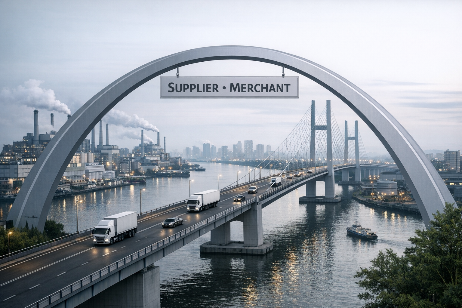 Bridge over a river with a sign that reads 'Supplier • Merchant', city skyline with industrial buildings in the background, and ships in the water.