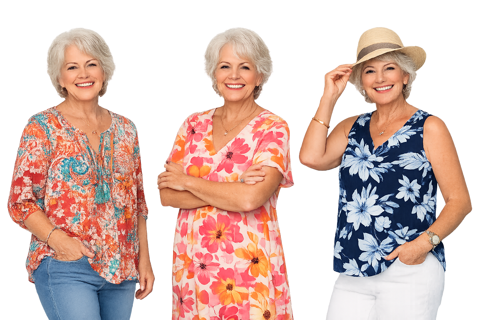Three smiling elderly women with gray hair, dressed in colorful summer outfits, standing against a neutral background. The woman on the right is wearing a floral sleeveless top, white pants, and a straw hat, touching the hat with her right hand. The woman in the middle is wearing a pink floral dress with her arms crossed. The woman on the left is wearing a patterned blouse with blue jeans, with her right hand in her pocket.