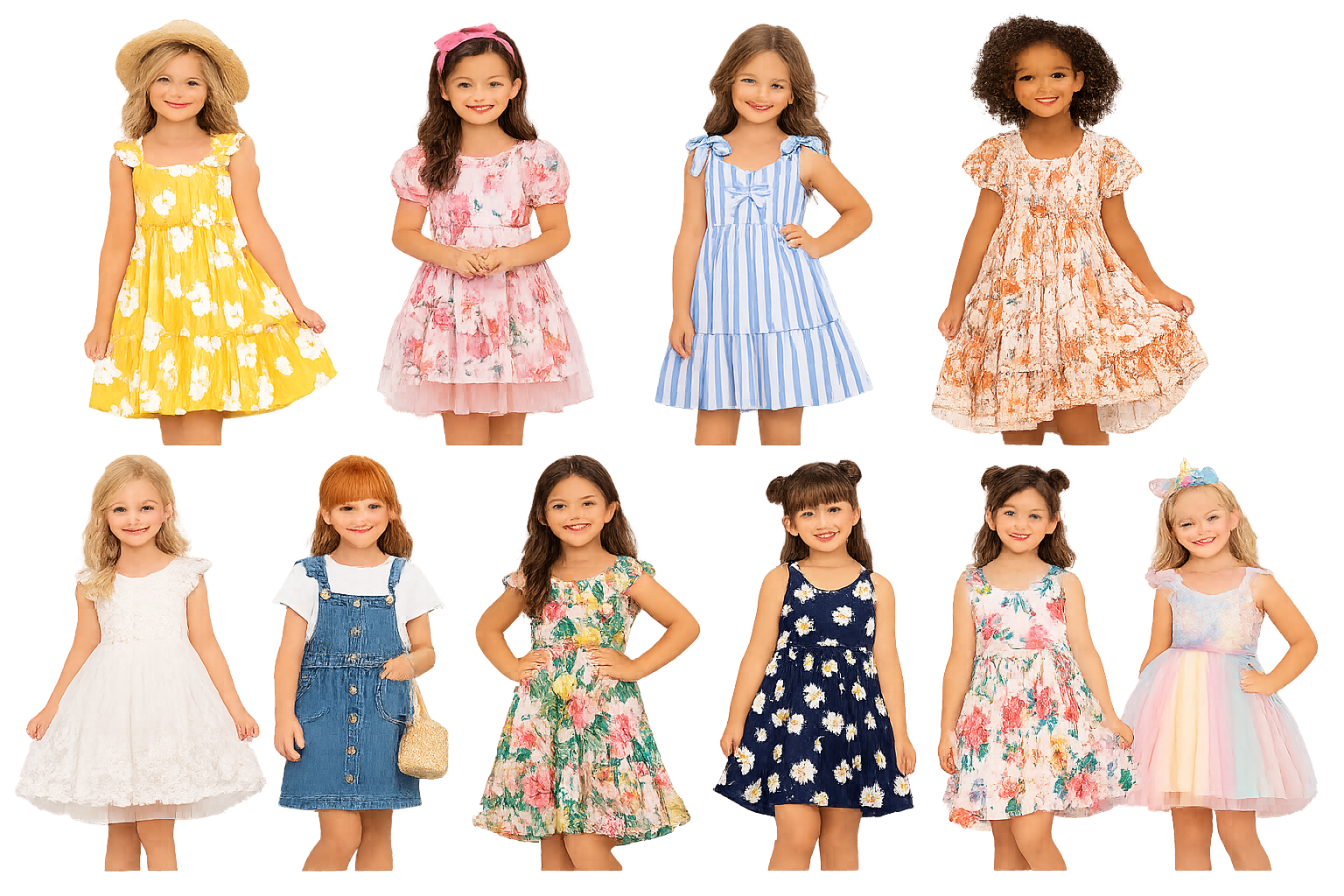 Collection of young girls in colorful summer dresses, posing and smiling.