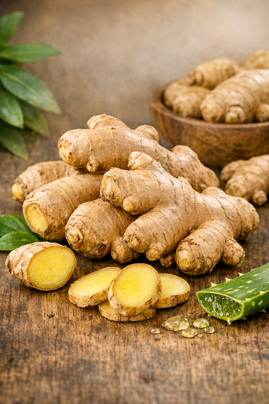 Fresh ginger root on wooden surface, with sliced pieces and green leaves around.