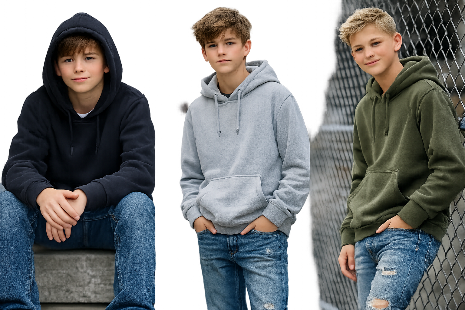 Three teenage boys in casual hoodies and jeans posing outdoors.