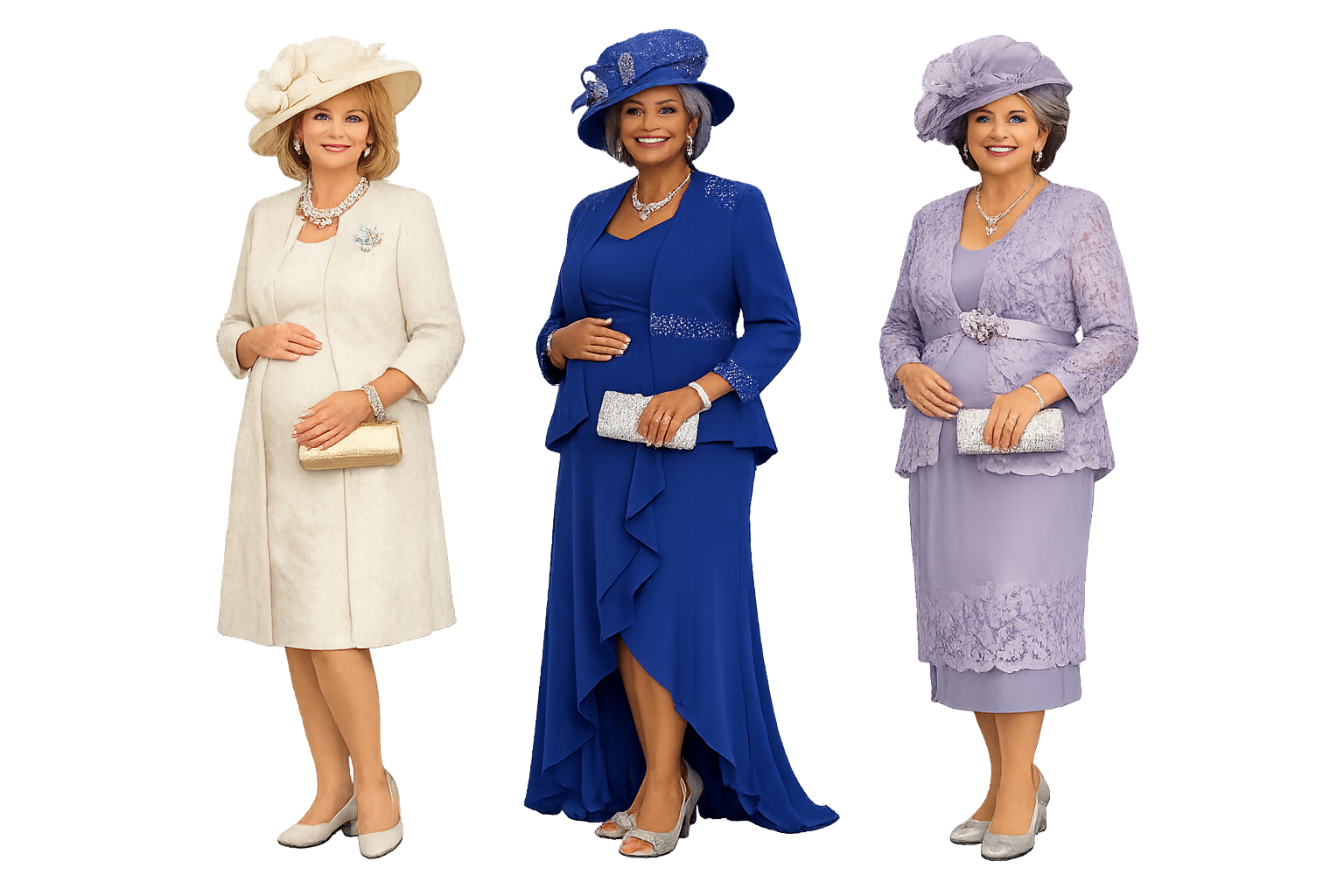 Three women dressed in elegant pastel-colored outfits at a formal event, each holding a small clutch purse and wearing matching hats and jewelry