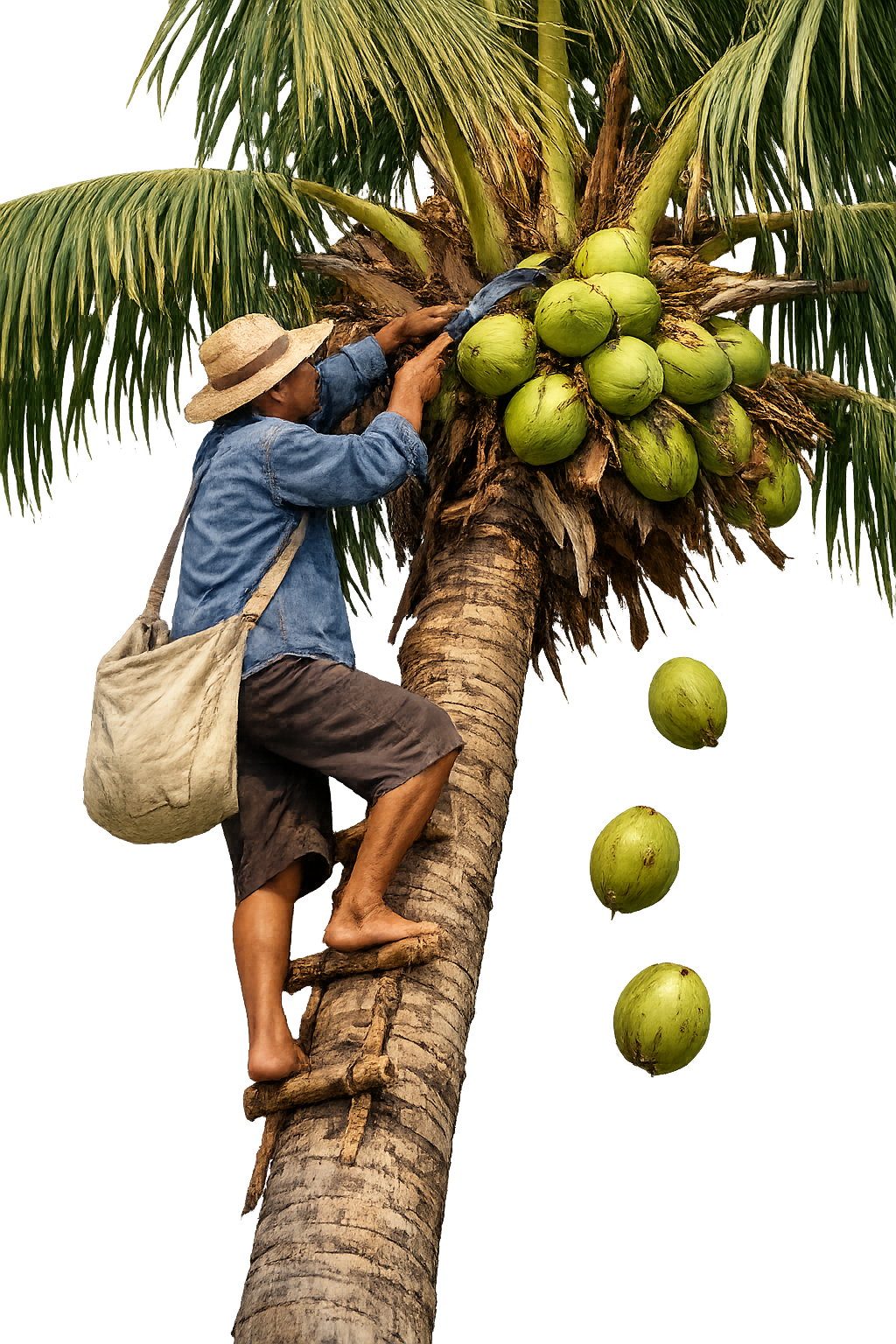 A man climbing a coconut tree to harvest coconuts, wearing a straw hat, a blue shirt, and dark shorts, with a bag slung over his shoulder.