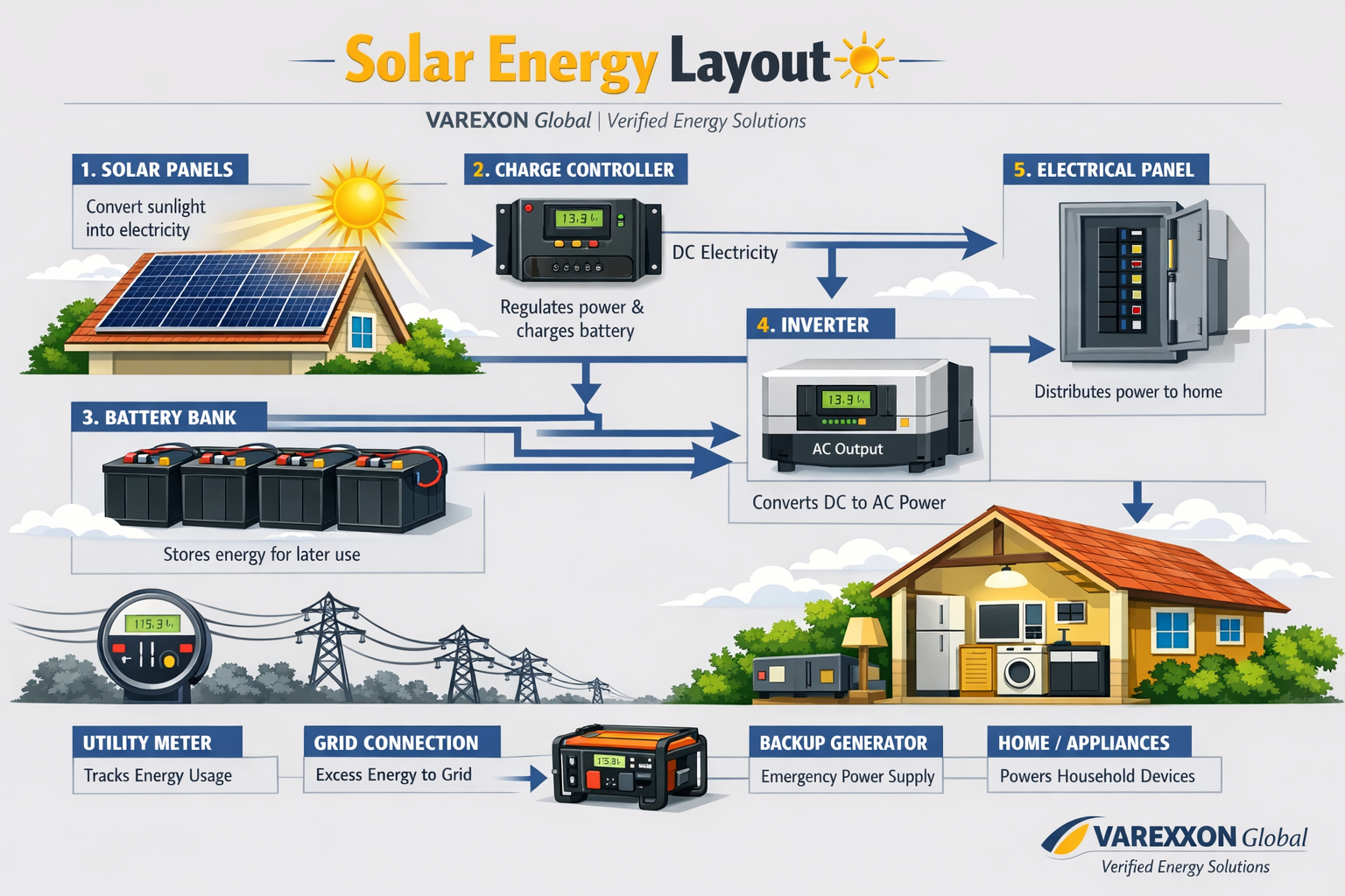 Diagram of a solar energy system showing solar panels converting sunlight into electricity, charge controller regulating power, battery bank storing energy, inverter converting DC to AC power, electrical panel distributing electricity, utility meter tracking energy usage, grid connection supplying excess energy, backup generator providing emergency power, and home appliances powered by the system.