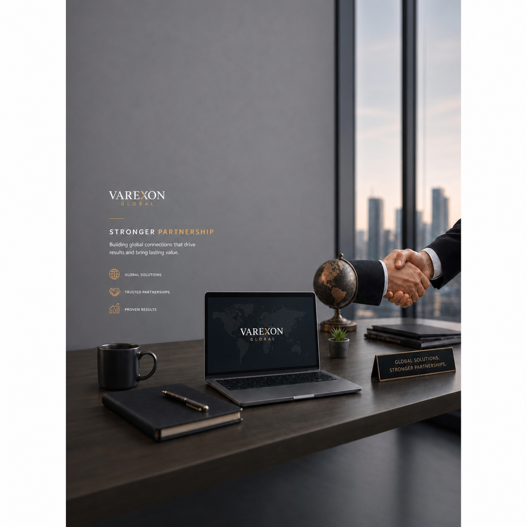 Handshake between two businesspeople in a modern office, with a desk featuring a laptop displaying 'Varexon Global,' a globe, a black coffee mug, a notebook with a pen, and a small plant, against large windows showing a city skyline.