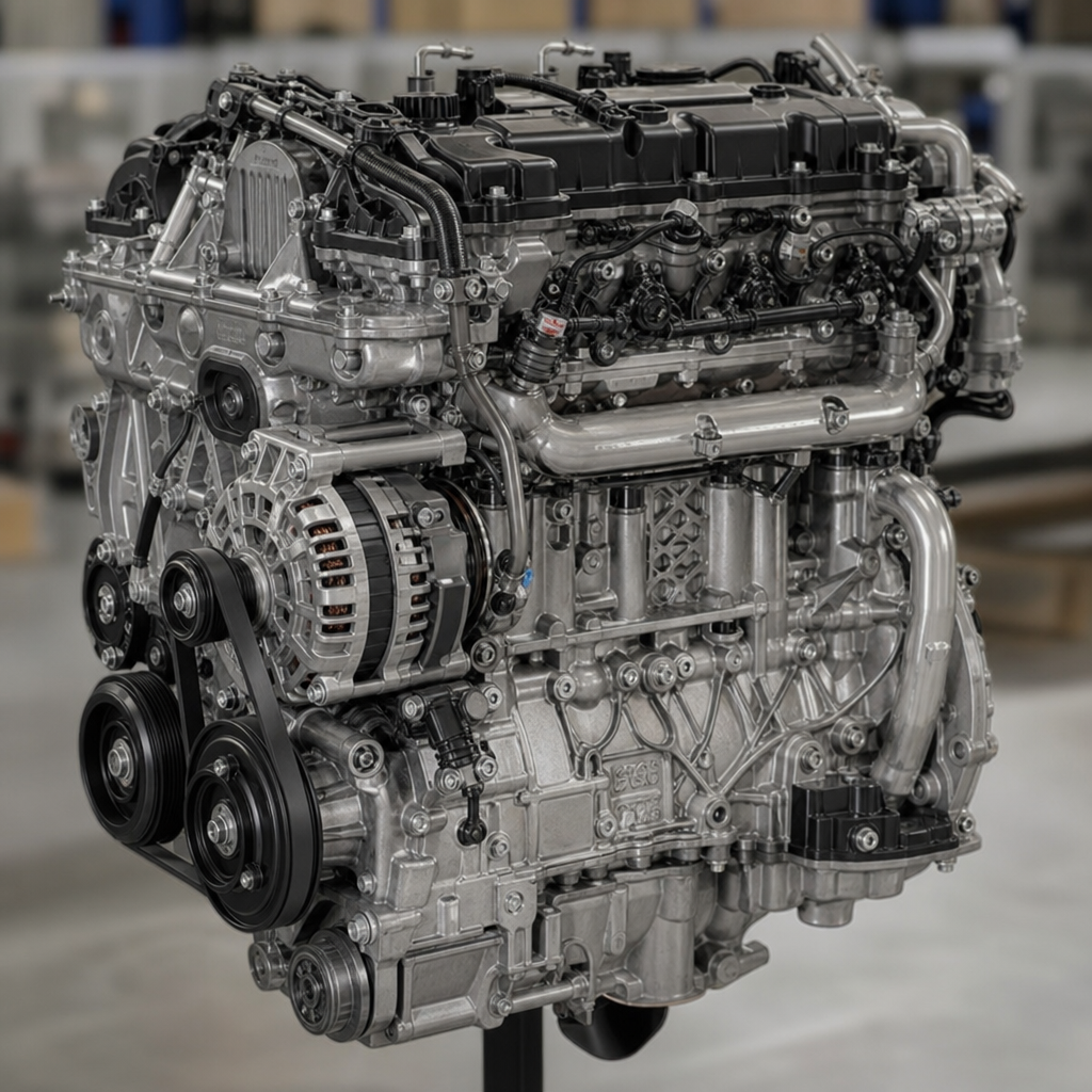 A detailed car engine with various metallic components and belts inside a manufacturing or repair shop.