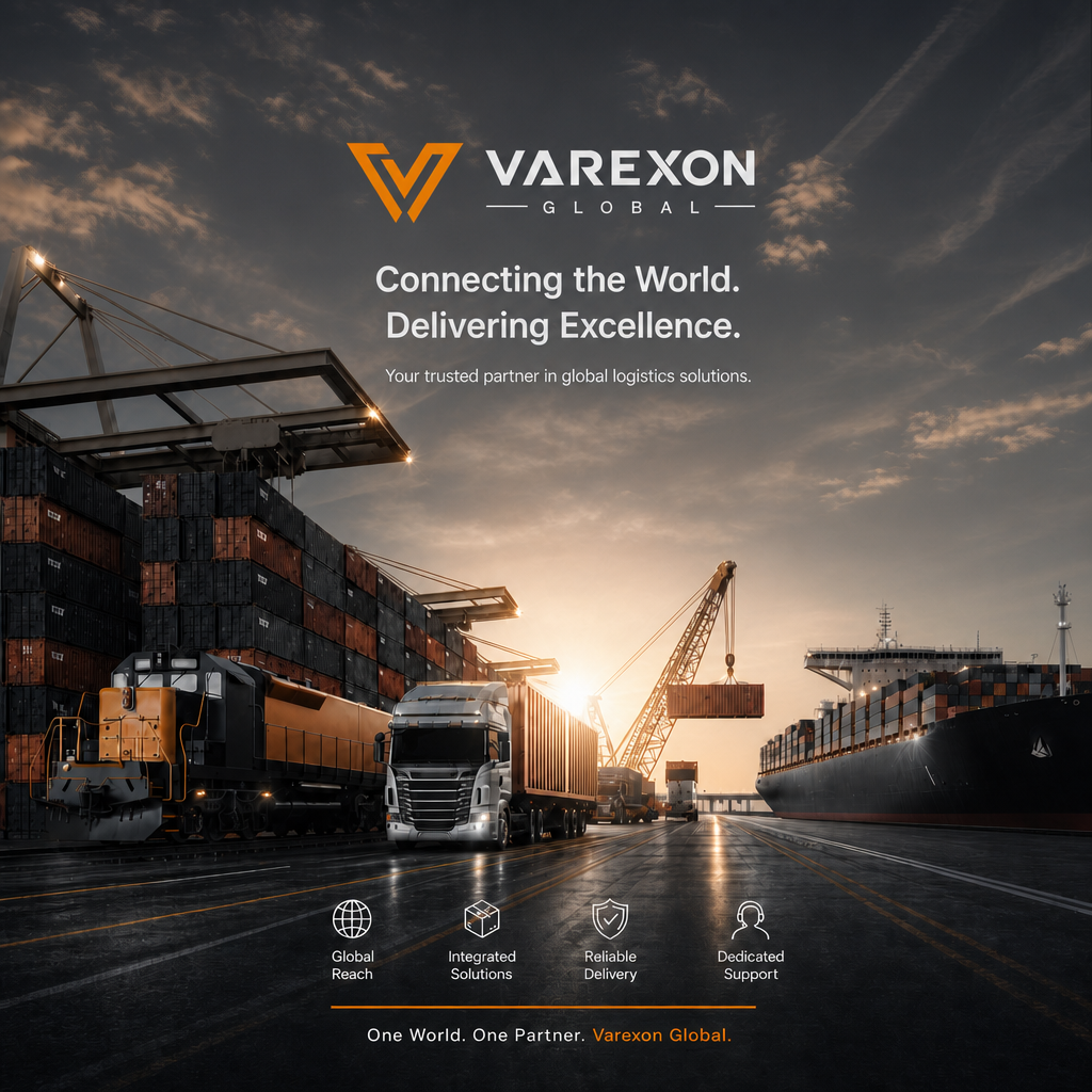 A global logistics scene with cargo ships, trucks, cranes, and shipping containers at sunset, promoting Varexon Global's logistics services.