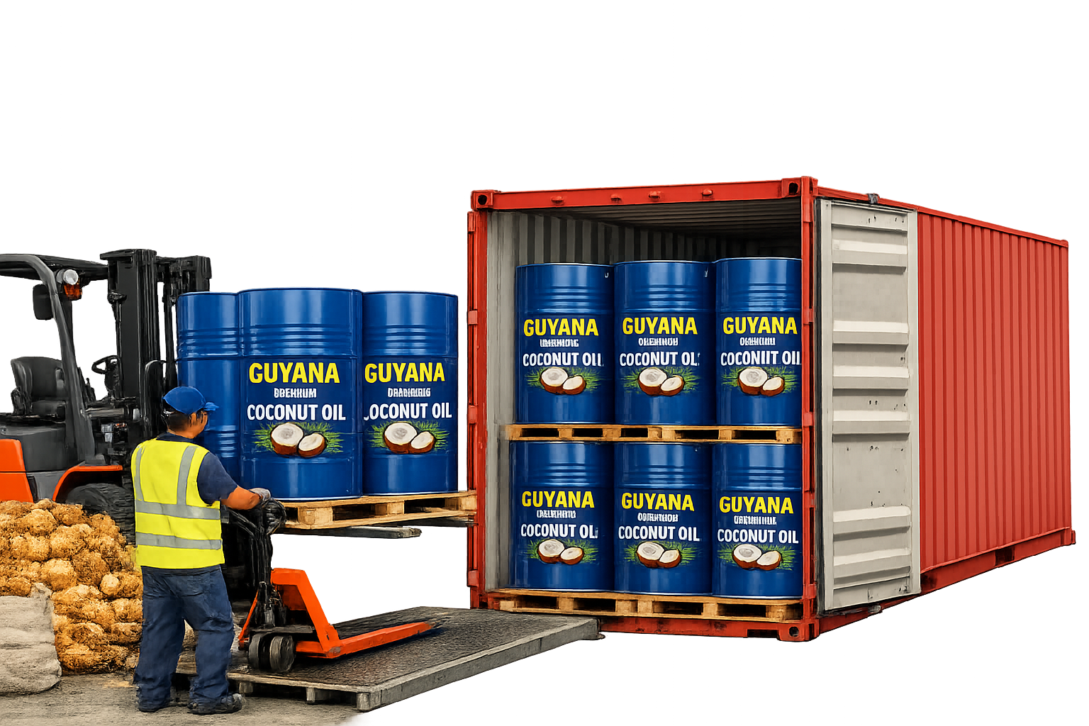 Worker loading blue barrels of Guyana coconut oil into a red shipping container at a port or warehouse.