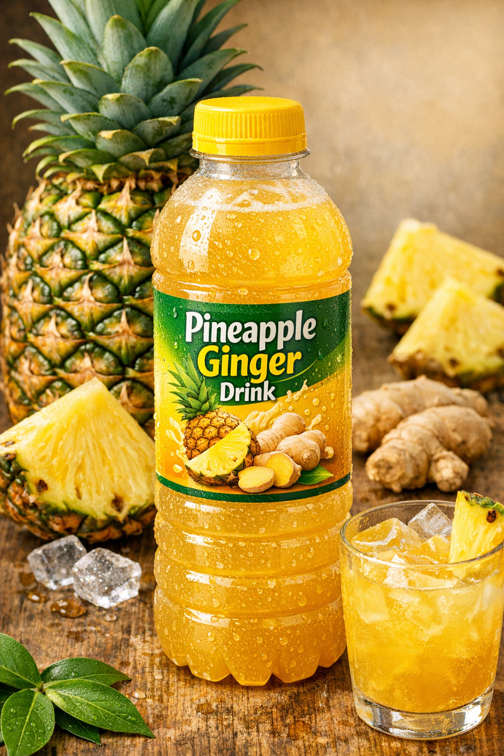 A bottle of pineapple ginger drink surrounded by fresh pineapple, ginger, ice, and citrus slices on a wooden surface.