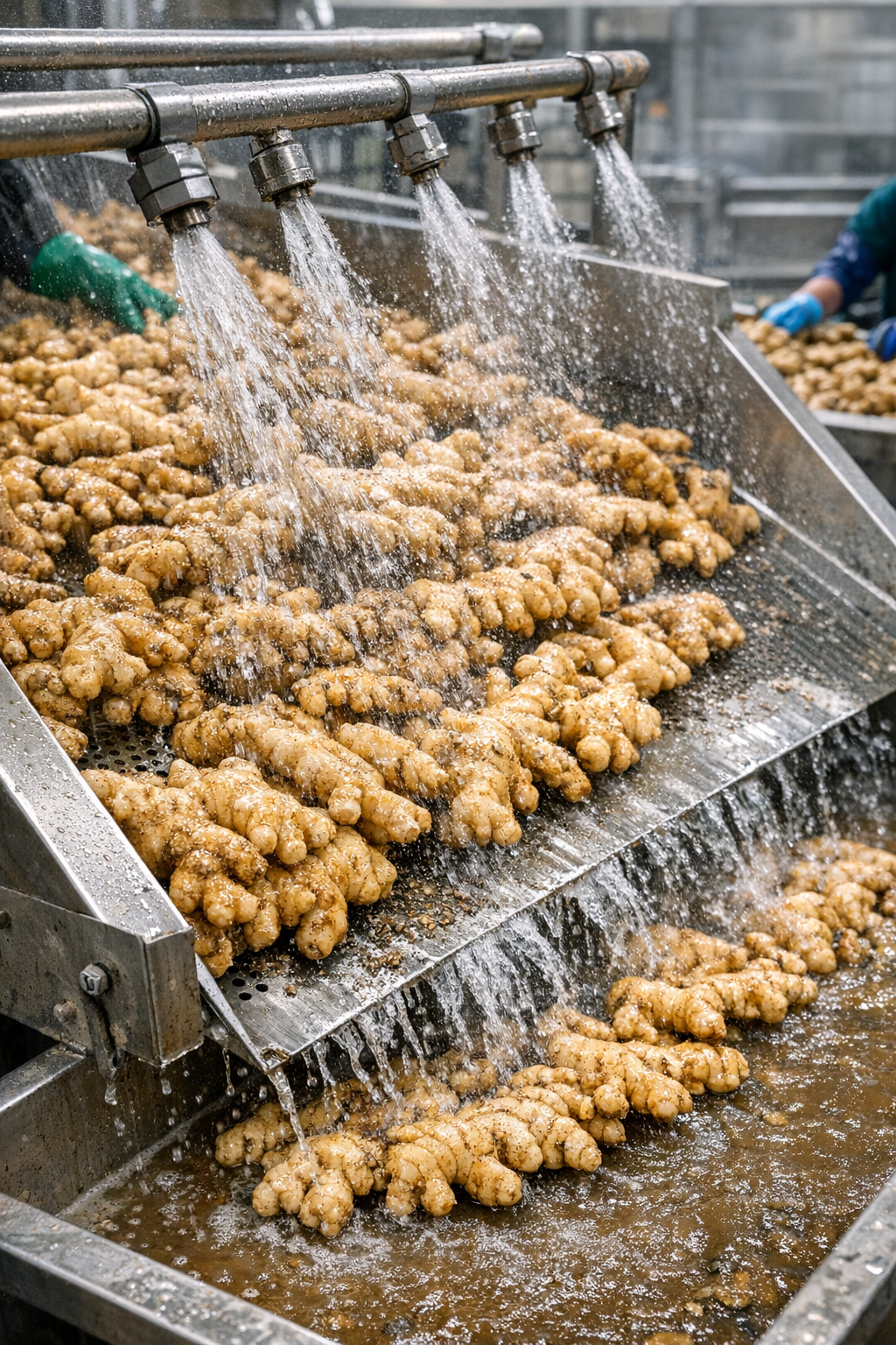 Workers washing ginger roots under running water in a commercial food processing facility.