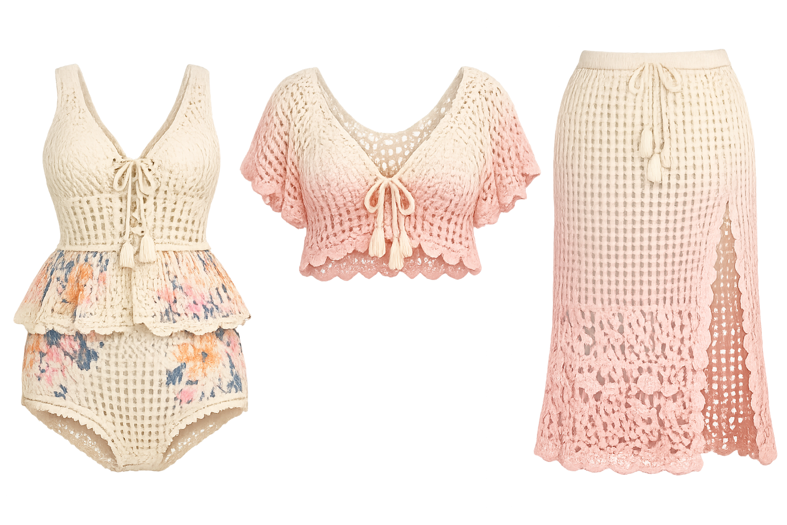 Three pieces of crochet clothing: a sleeveless top and shorts set, a short-sleeve crop top, and a long skirt, displayed against a blurred background.