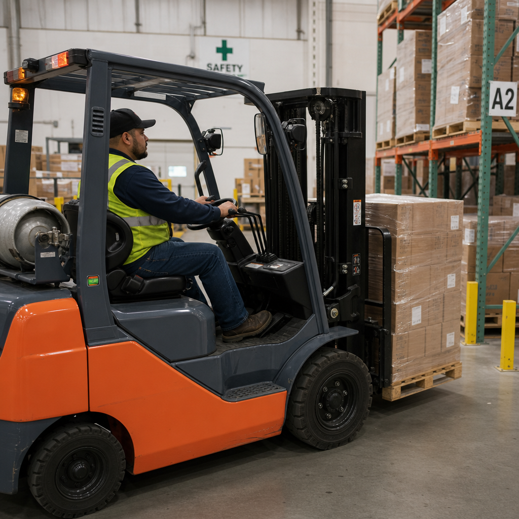 A man operating a forklift in a warehouse, moving a pallet of boxed goods.