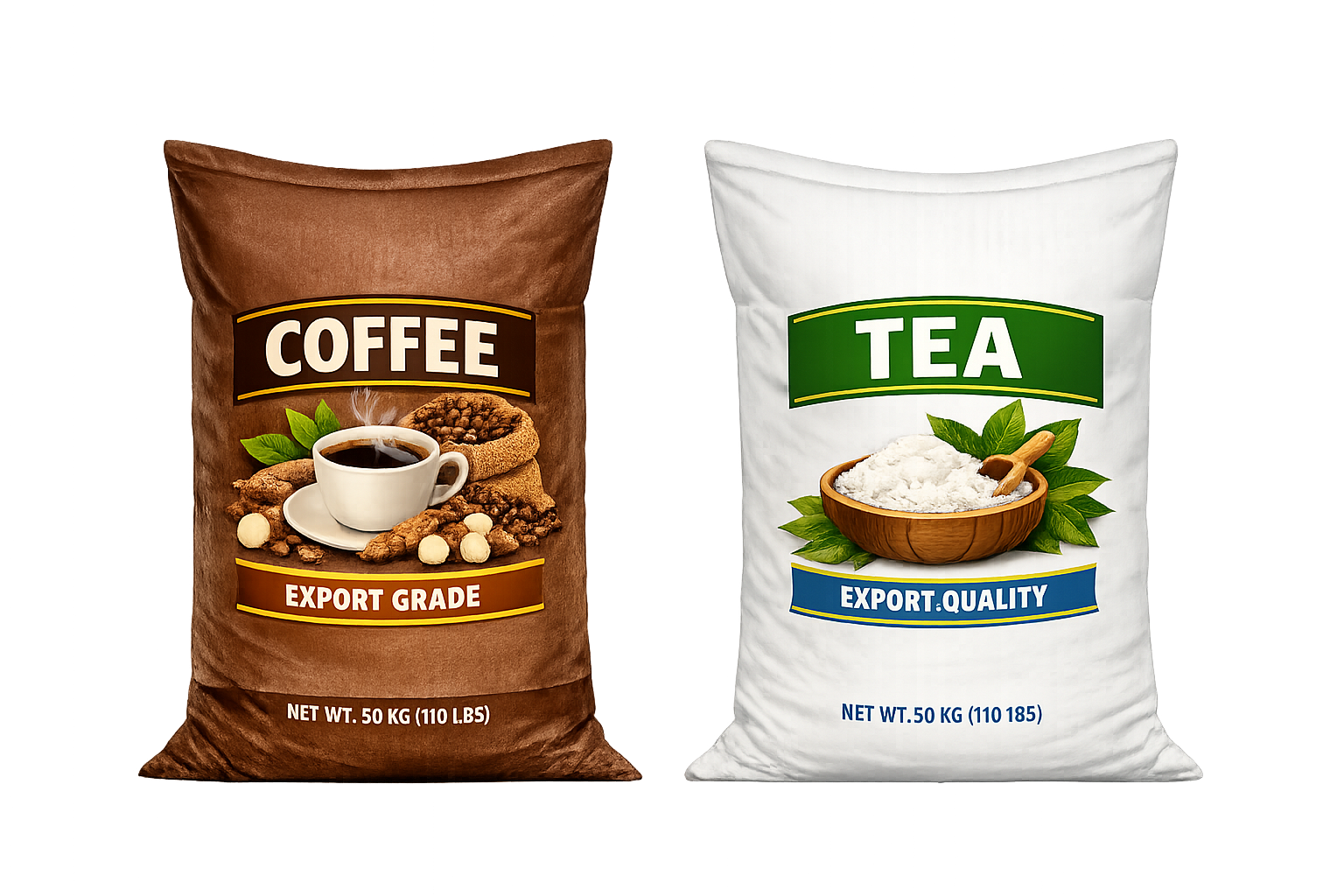 Packaging bags for coffee and tea with labels and illustrations. The coffee bag is brown with a cup of black coffee, coffee beans, and green leaves. The tea bag is white with a bowl of white powder, green leaves, and a small wooden spoon.