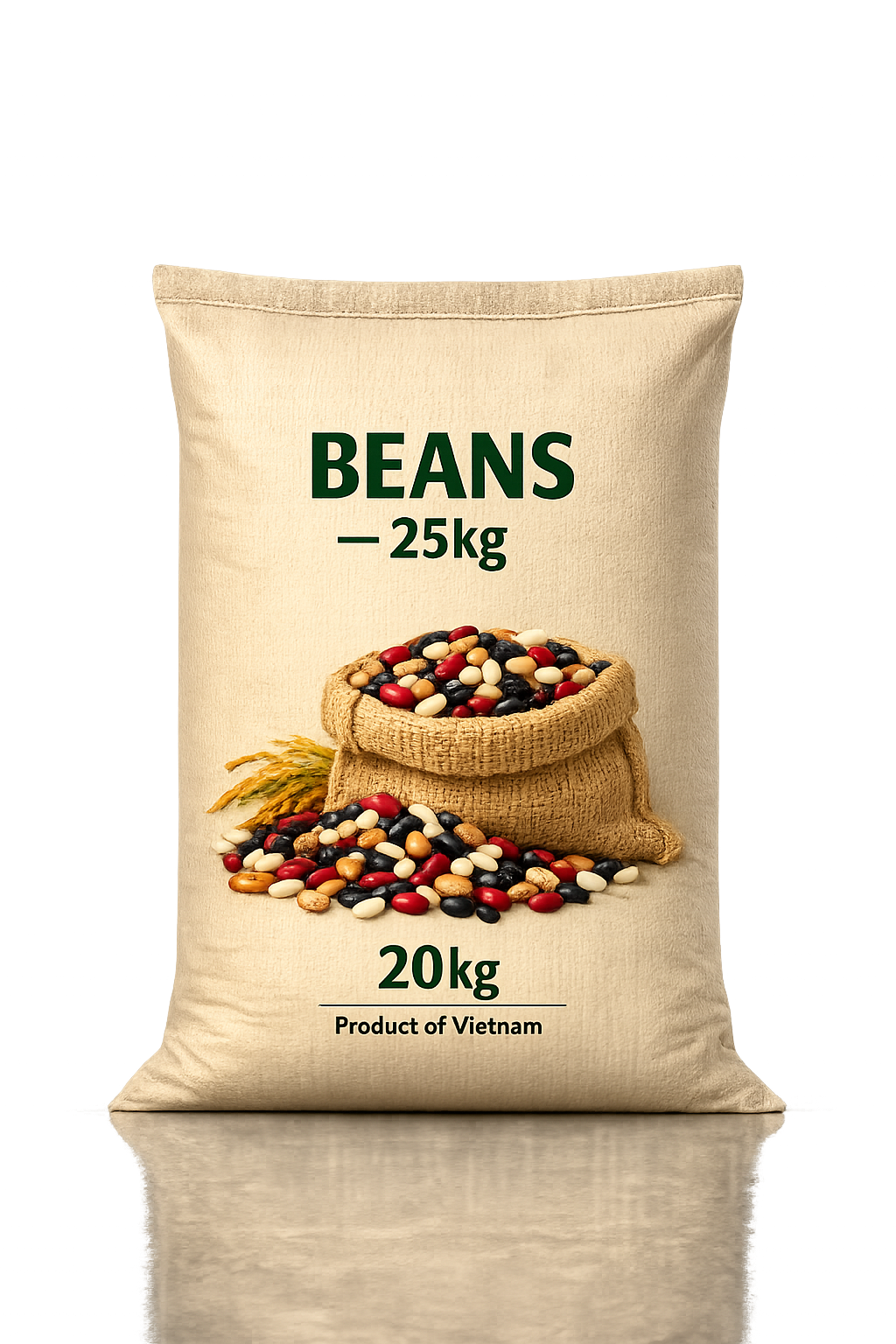 A 25 kg bag of beans from Vietnam, displaying a picture of a burlap sack filled with assorted beans, with some spilled out in front.