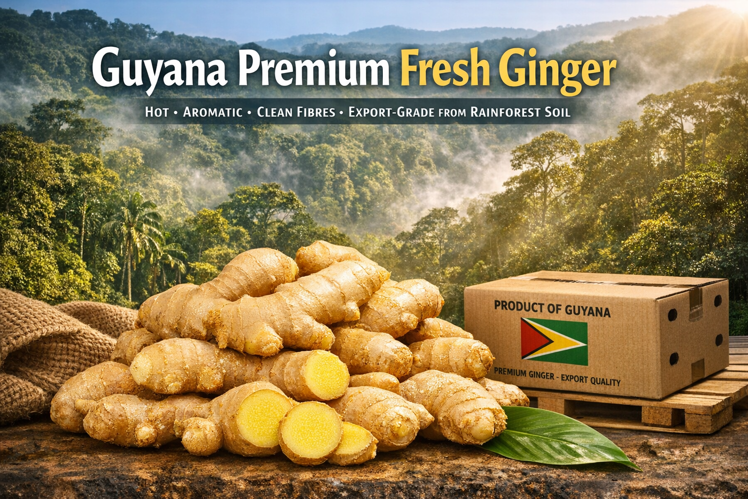 Pile of fresh ginger roots with some sliced pieces, a green leaf, and a cardboard box labeled 'Product of Guyana' with the Guyanese flag, set against a backdrop of a lush rainforest.