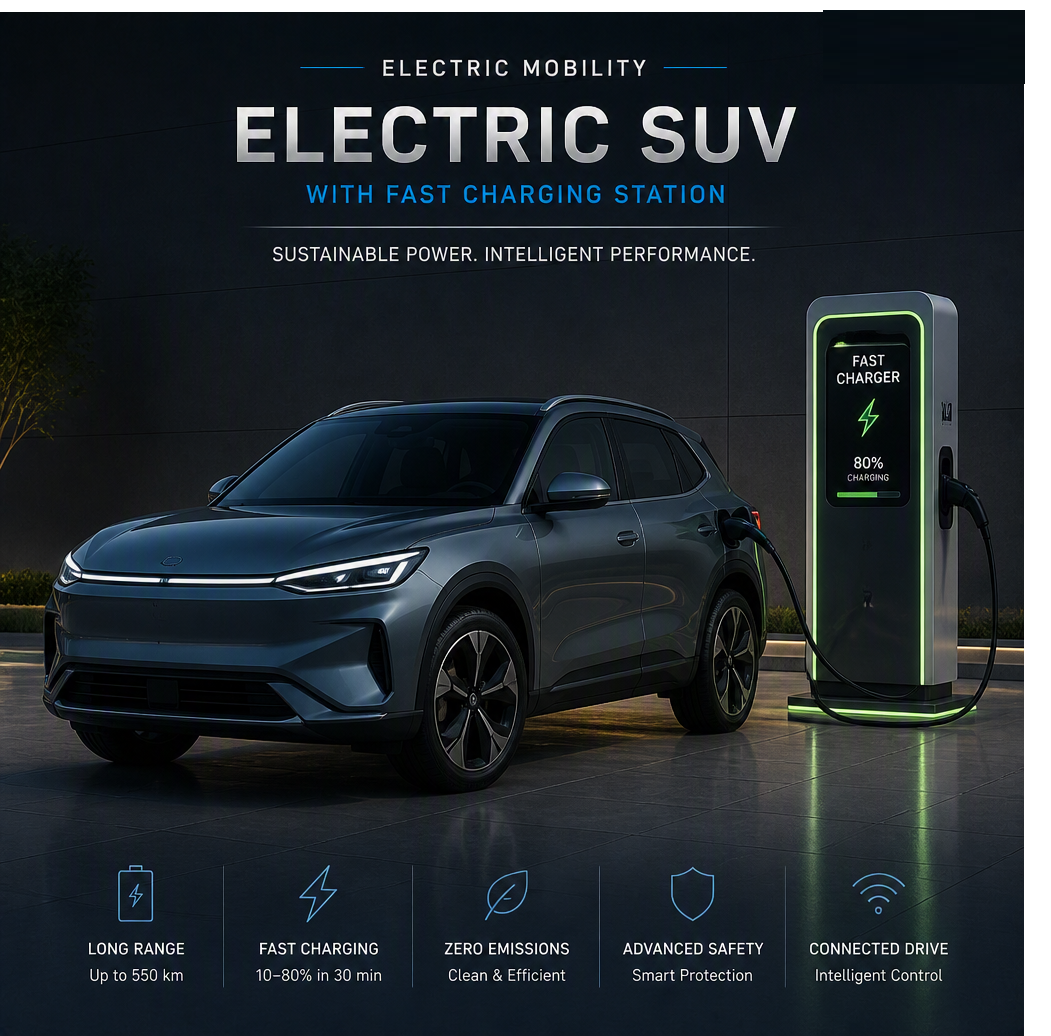 An electric SUV charging at a fast charging station outdoors during the evening. The background shows a dark sky and a tree with yellow lighting. The image promotes with text features such as long range, fast charging, zero emissions, advanced safety, and connected drive.