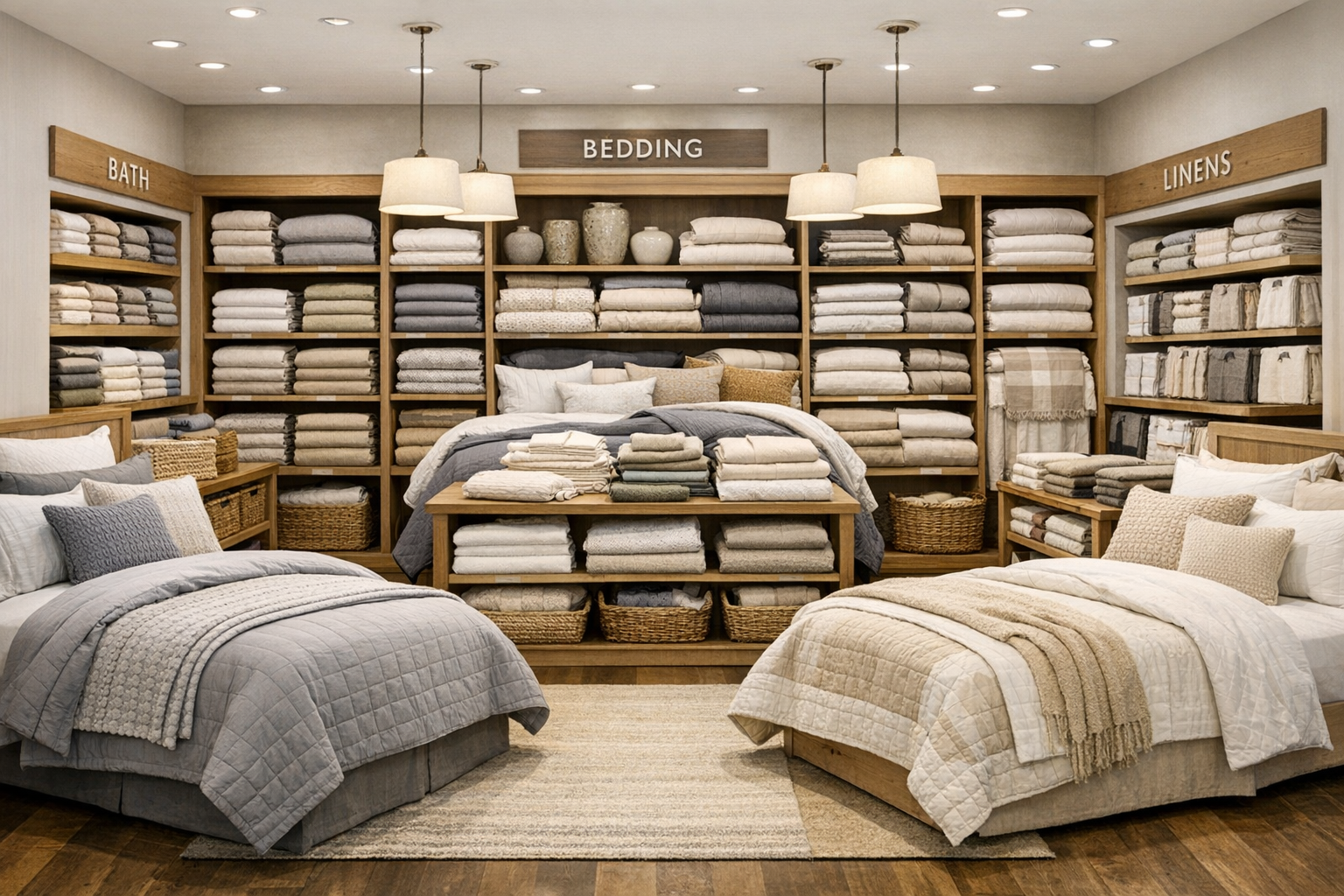 Display of bedding and bathroom linens in a retail store, with shelves labeled 'Bath,' 'Bedding,' and 'Linens,' featuring folded towels, sheets, and blankets, with beds styled with pillows and throws.