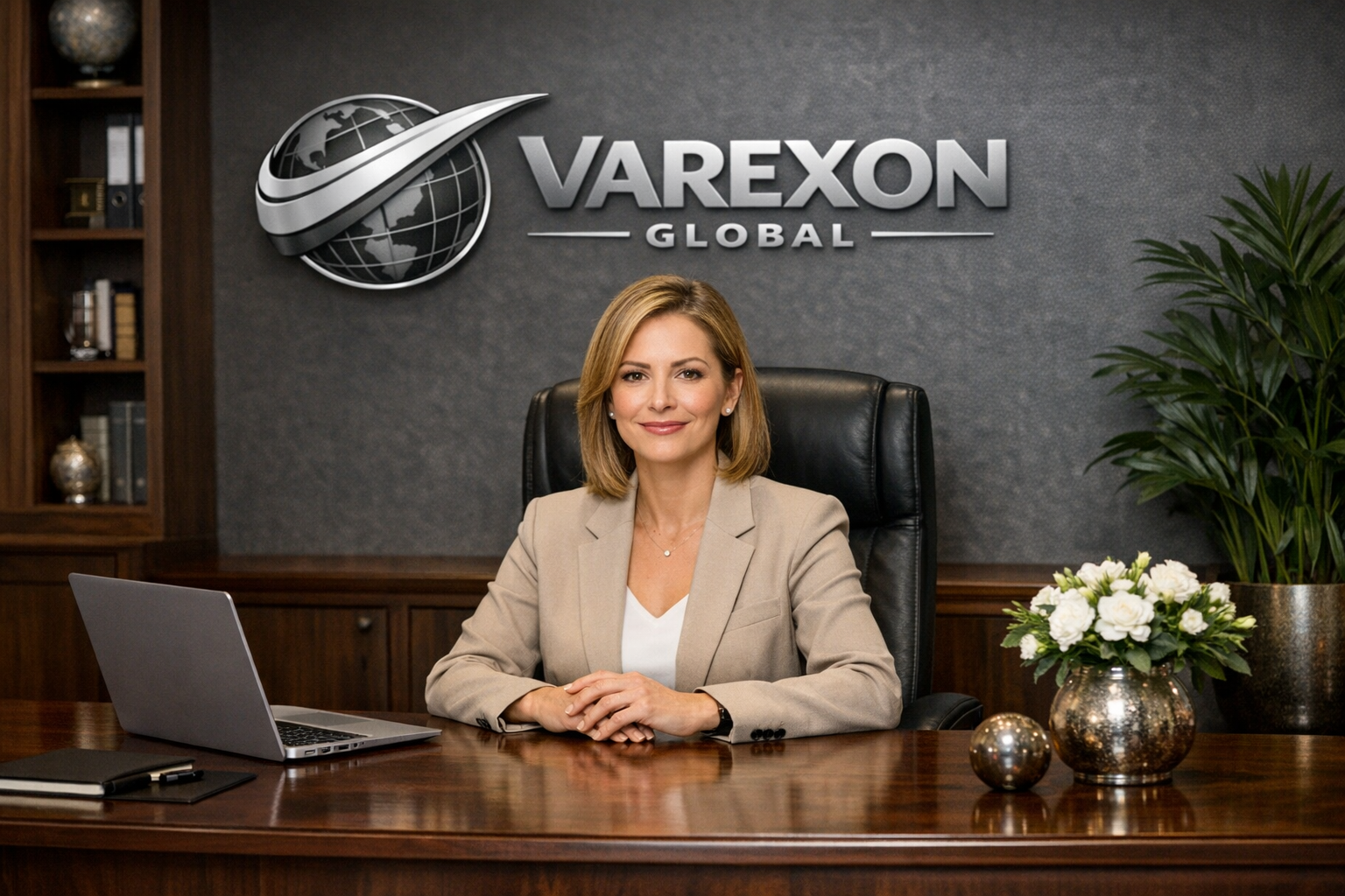 A woman sitting at a desk in an office with the VAREXON GLOBAL logo on the wall behind her.