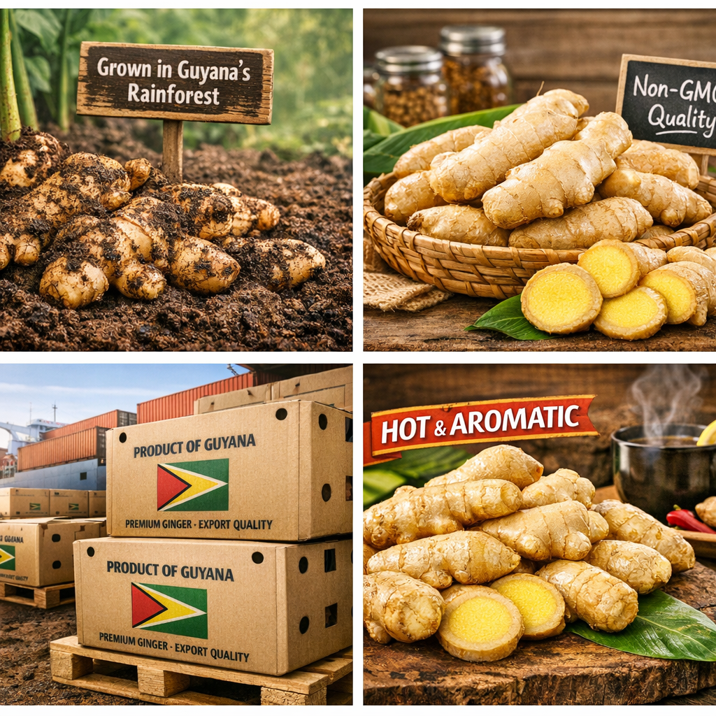 Top left: Fresh ginger roots growing in Guyana's rainforest with a sign. Top right: Basket of peeled ginger with jars in background and a sign indicating non-GMO quality. Bottom left: Cardboard boxes labeled 'Product of Guyana' and 'Premium Ginger.' Bottom right: Sliced ginger with a sign reading 'Hot & Aromatic' and a cup of steaming tea.