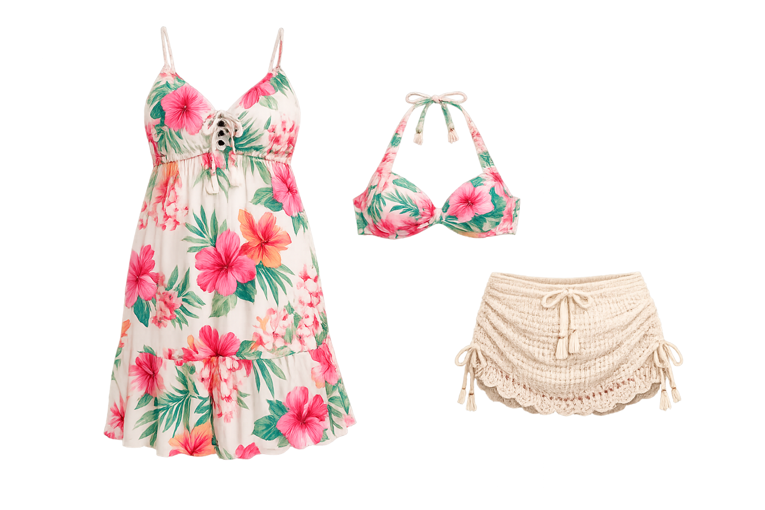 A floral dress, bikini top, and shorts displayed against a colorful background.
