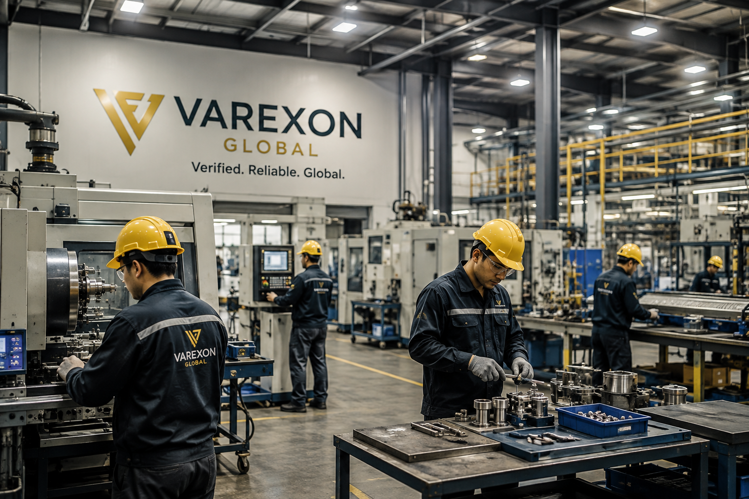 Factory workers wearing yellow safety helmets and dark uniforms working on machinery and assembling parts in a manufacturing plant with the Varexon Global logo and slogan on the wall.